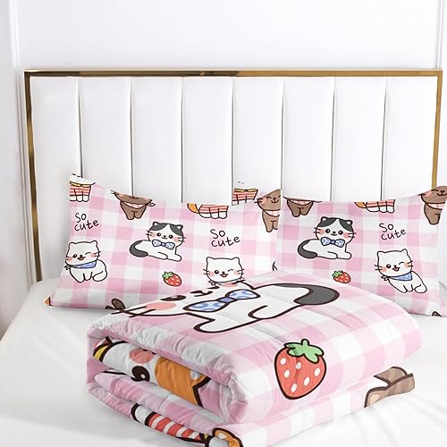 Miniatura 5 de AILONEN Juego de edredón de gato tamaño matrimonial, lindo juego de ropa de cama para niños con diseño de fresas y gatos para decoración de