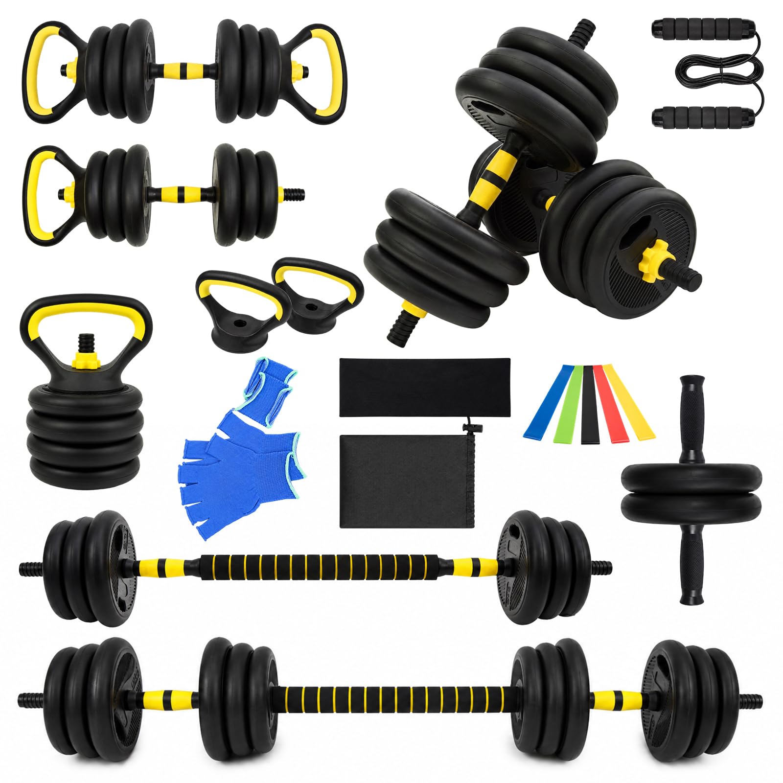 BREEZENEST 6-in-1 Adjustable Dumbbell Set 20kg Home Gym Kit, Multifunctional Weight Training Equipment with Barbell, Kettlebell, Push-Up Bars, Jump Rope & Ab Roller for Full Body Workout (Yellow)