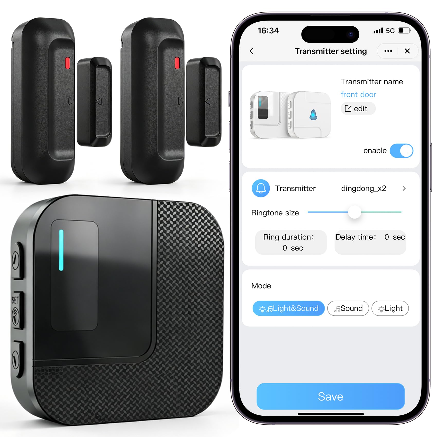 SanJie Door Sensor Alarm with APP Notifications 2 Sensor 1 Receiver Black