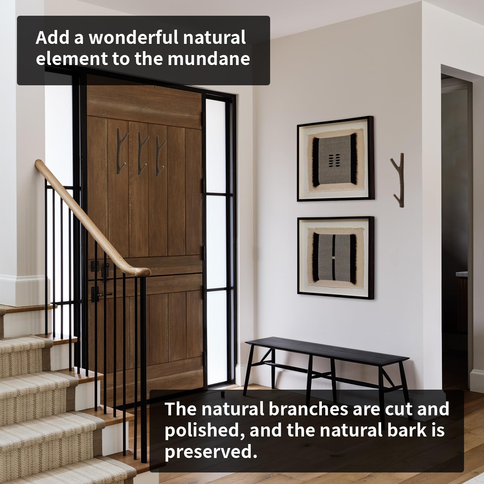 2 ganchos de pared dobles de madera real con ramas de árbol, rústico decorativo de madera con tronco de corteza de 2 cm a 3,5 cm de grosor con tornillo