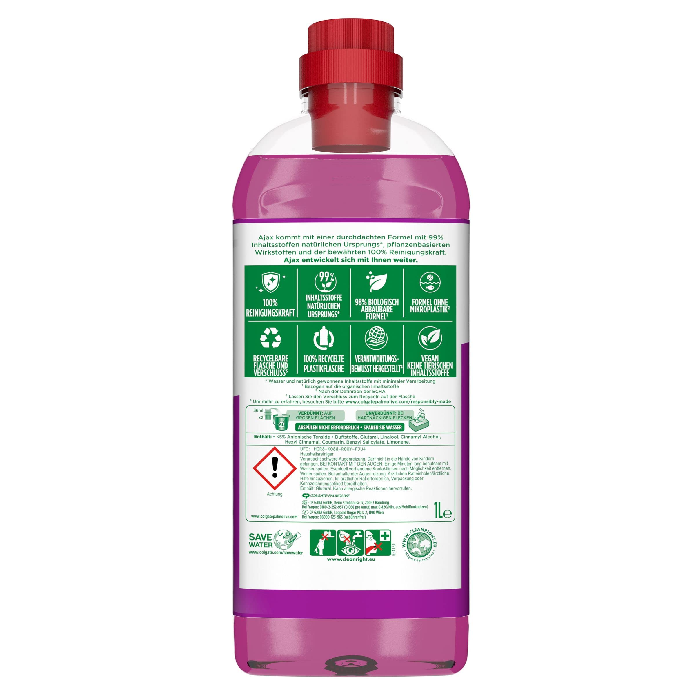 Ajax Limpiador multiusos de lavanda y magnolia, Fête des Fleurs, limpiador multisuperficie, paquete de 12 unidades (12 x 1 l)