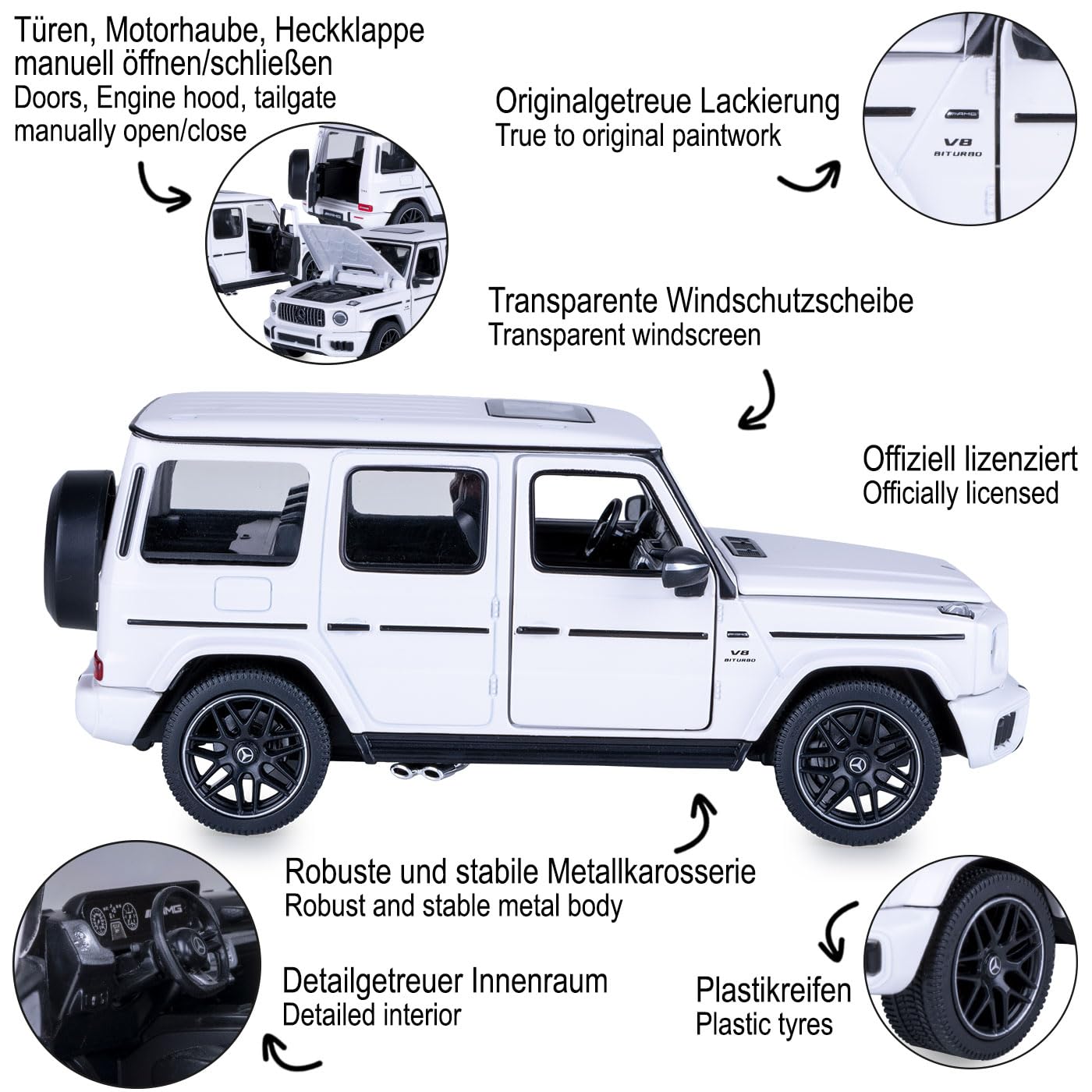JAMARA Mercedes-AMG G 63 Diecast 402265 Voiture Miniature en métal à Collectionner Blanc 1:24 Idée Cadeau
