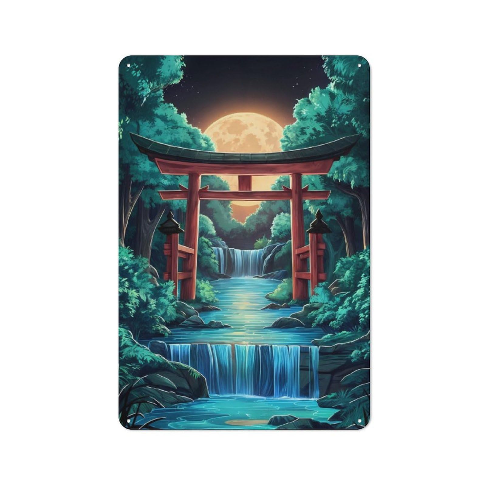 Junmoney Moon And Torii Gate Japan Loft Style Metal Wall Sign 30X20cm Featuring Studio Wall Art For Loft, Studio, Office Or Creative Room
