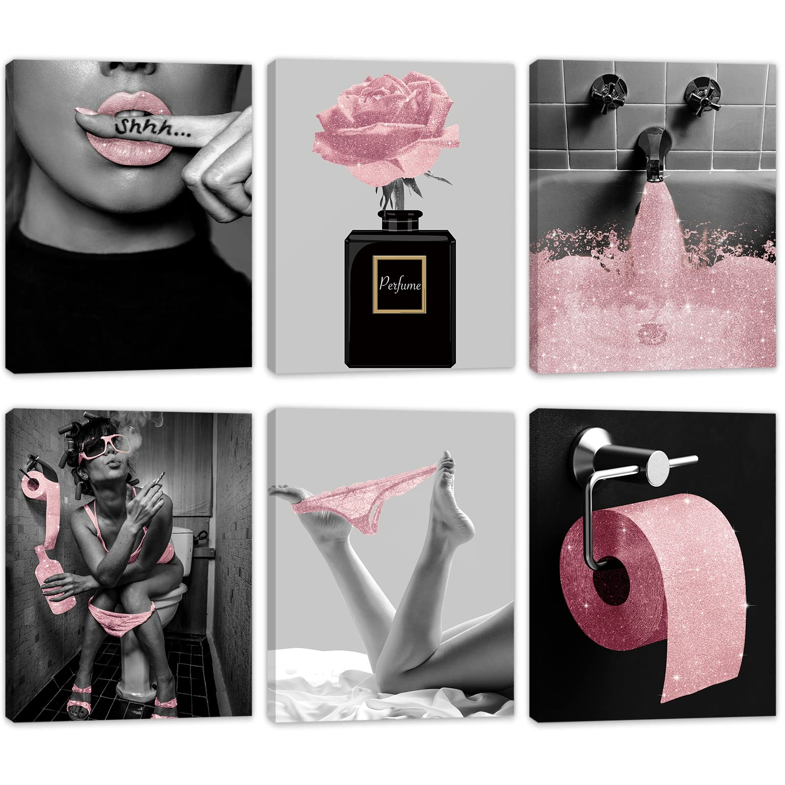 HoozGee Fashion Bathroom Wall Art Prints Decor with WOODEN FRAME INSIDE Pink Glam Glitter Tissue Canvas Posters Black and White Modern Women Funny Bathroom Artwork Pictures (11"x14" FRAME)