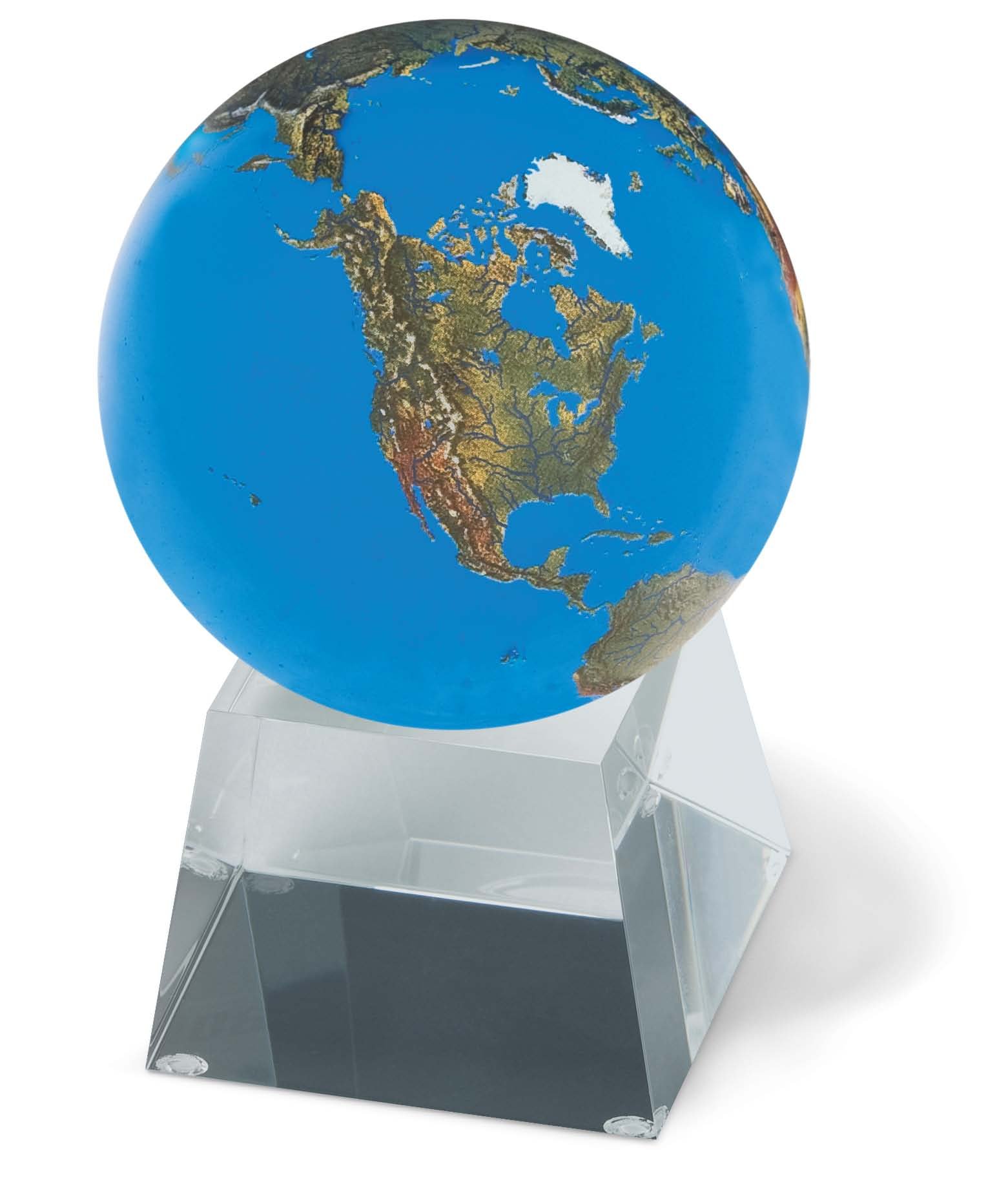 3” Aqua Crystal Natural Earth Globe - On Spinning Tapered Glass Base