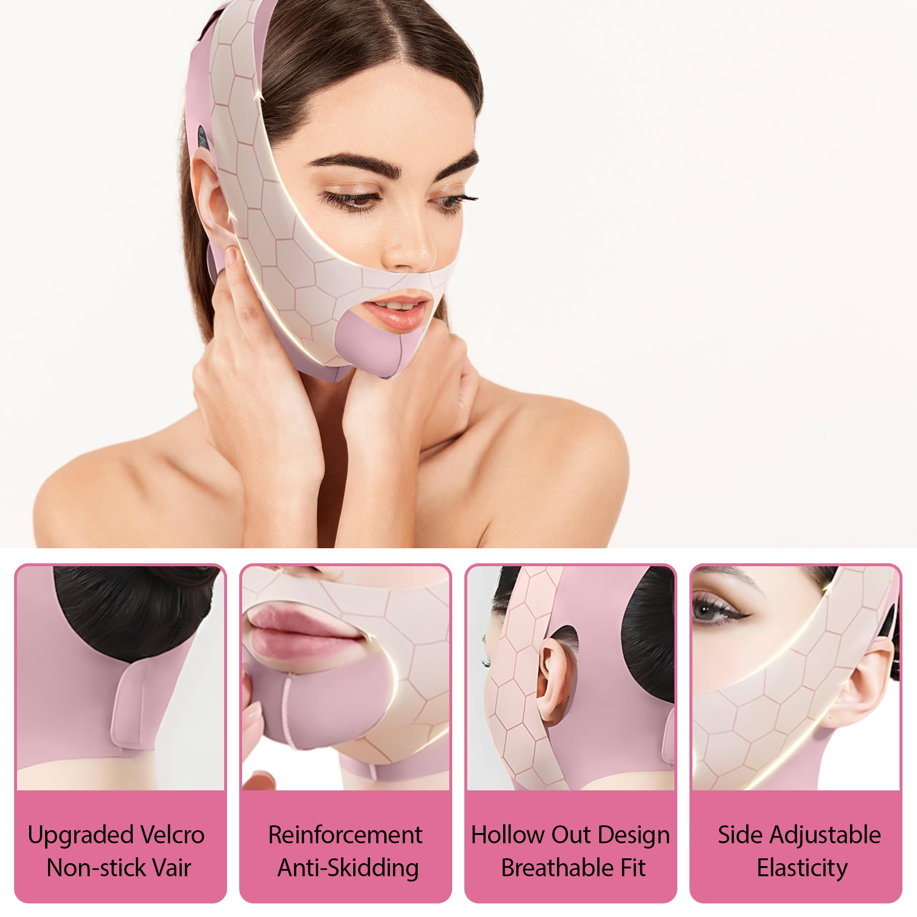 Chin Lift Mask Chin Strap for Sleeping Face V Line Face Mask Jawline Strap Skin Firming and Shaping Uniform Reusable Contains 40 Lifting Patches (Pink) - Image 3