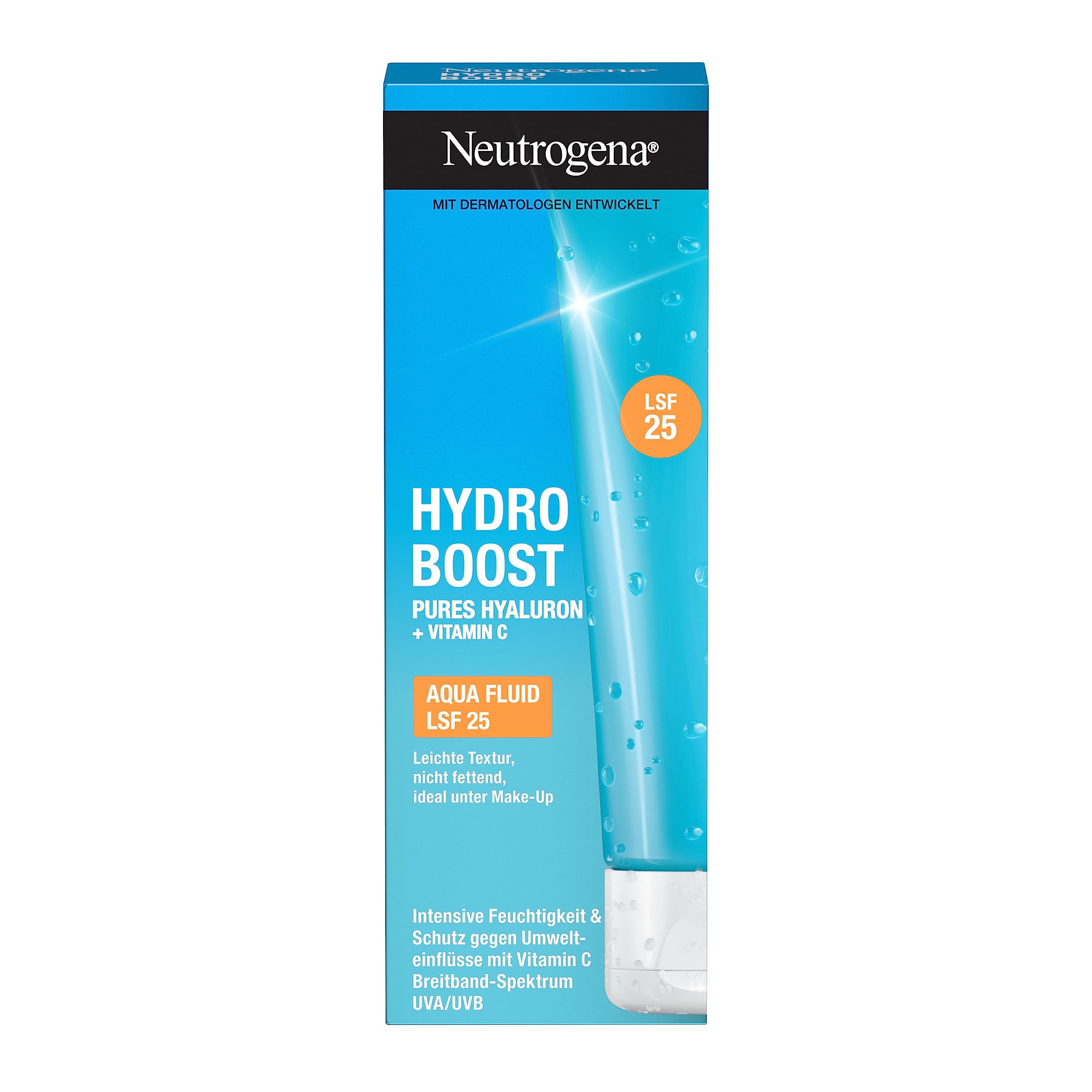 Neutrogena Hydro Boost Aqua Fluid SPF 25 (50 ml), crema facial ligera con ácido hialurónico y vitamina C para una hidratación intensa, crema de día no grasa con SPF