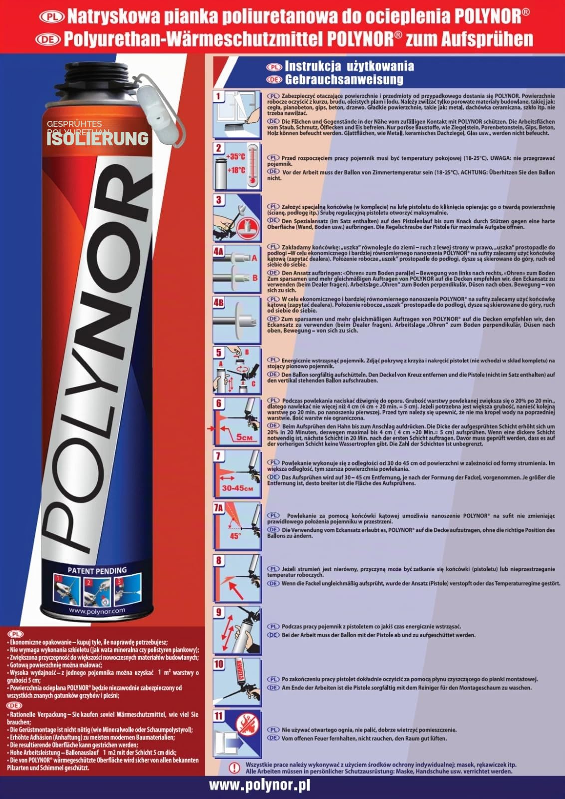 POLYNOR PUR-Wärmedämmung in der Dose HOME – Sprühbare Wärmedämmung – Polyurethan-Dämmschaum – Dämmung von Wänden, Dächern, Decken, Rohren – Aerosol 750 ml