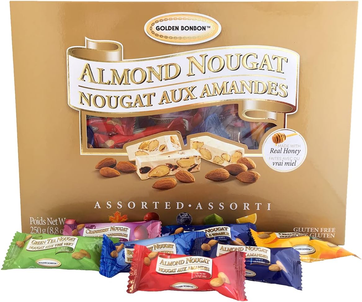 Golden Bonbon Assorted Almond Nougat Candy - Soft & Crunchy Mix, Gluten-Free, Halal Certified, No Artificial Flavors, 6 Flavors 250g / 8.8 oz