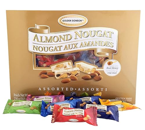 Golden Bonbon Caramelos italianos surtidos de turrón de almendras, turrón masticable sin gluten empaquetados individualmente, lleno de almendras,