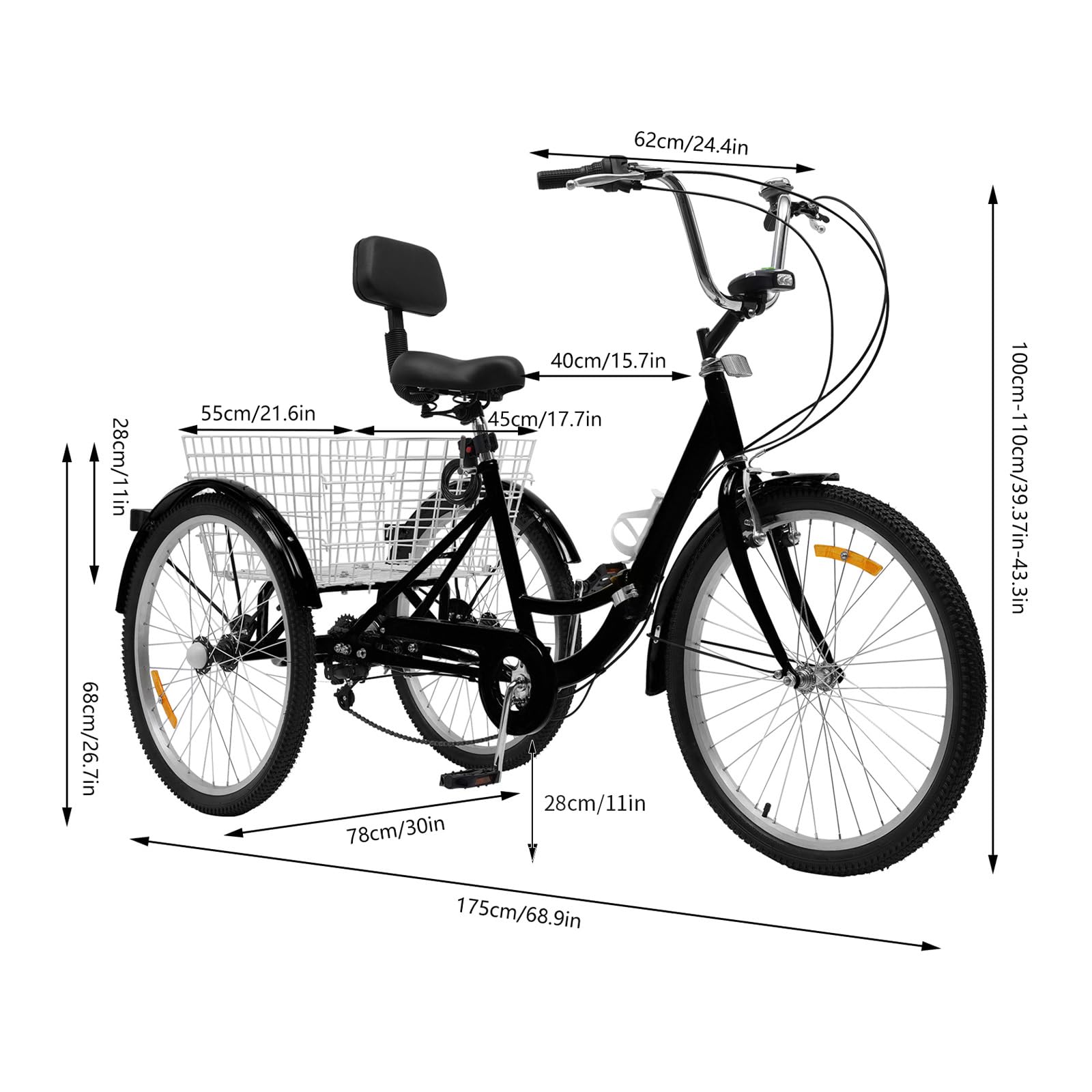 Triciclo pieghevole da 24 pollici, 7 marce, triciclo pieghevole per adulti con ponte, schienale e portabicchieri + luce LED per adulti e anziani