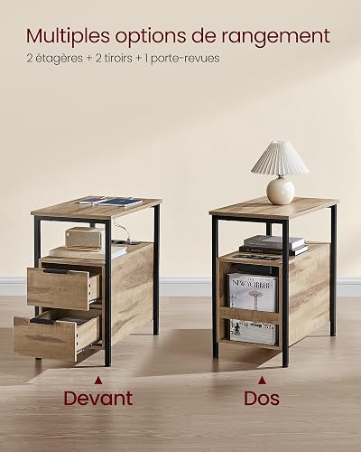 VASAGLE Table d’Appoint avec Multiprise, Petite et Fine avec 2 Tiroirs, Table de Chevet avec Rangement, pour Salon, Chambre, Marron Camel et Noir d'encre LET325K01 - 5
