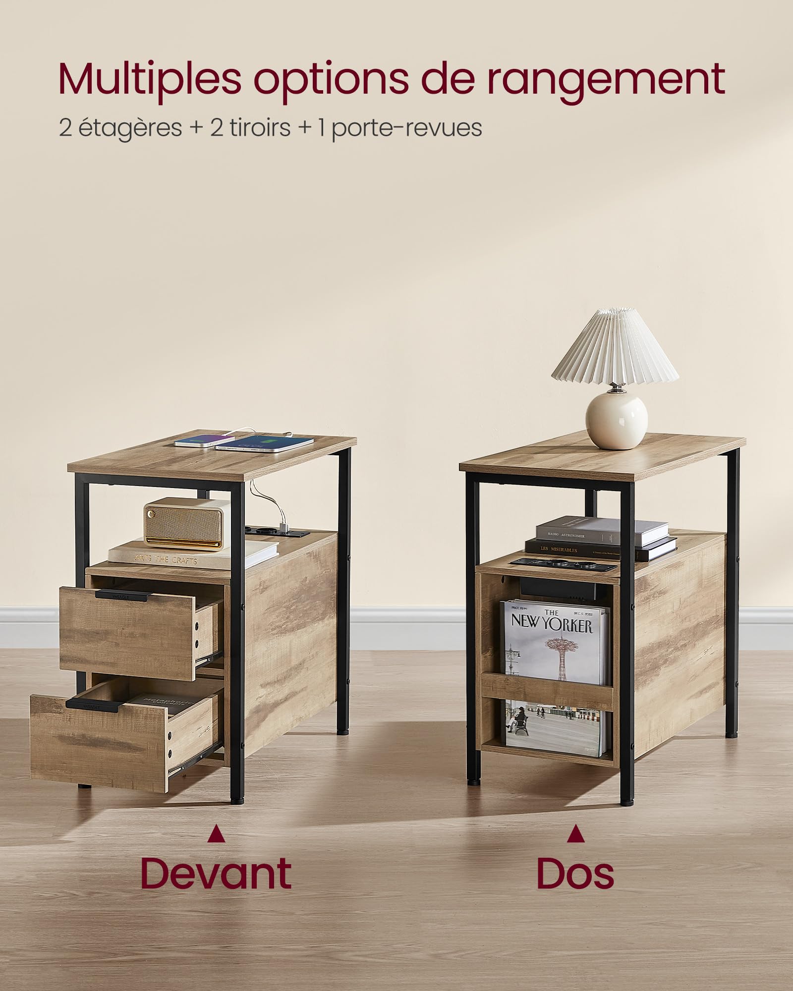 VASAGLE Table d’Appoint avec Multiprise, Petite et Fine avec 2 Tiroirs, Table de Chevet avec Rangement, pour Salon, Chambre, Marron Camel et Noir d'encre LET325K01