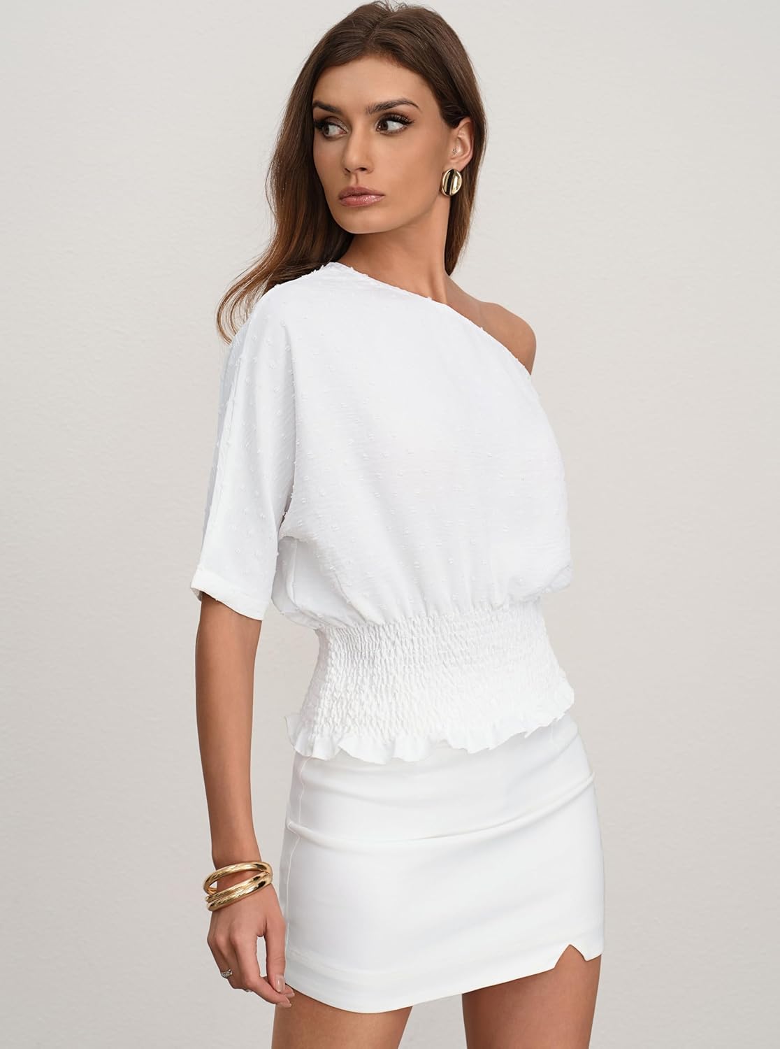 CSDAJIO Women's Swiss Dot Off The Shoulder Blouse Shirred Smocked Asymmetrical Short Sleeve Dolman Top Ruched Shirt - Image 6