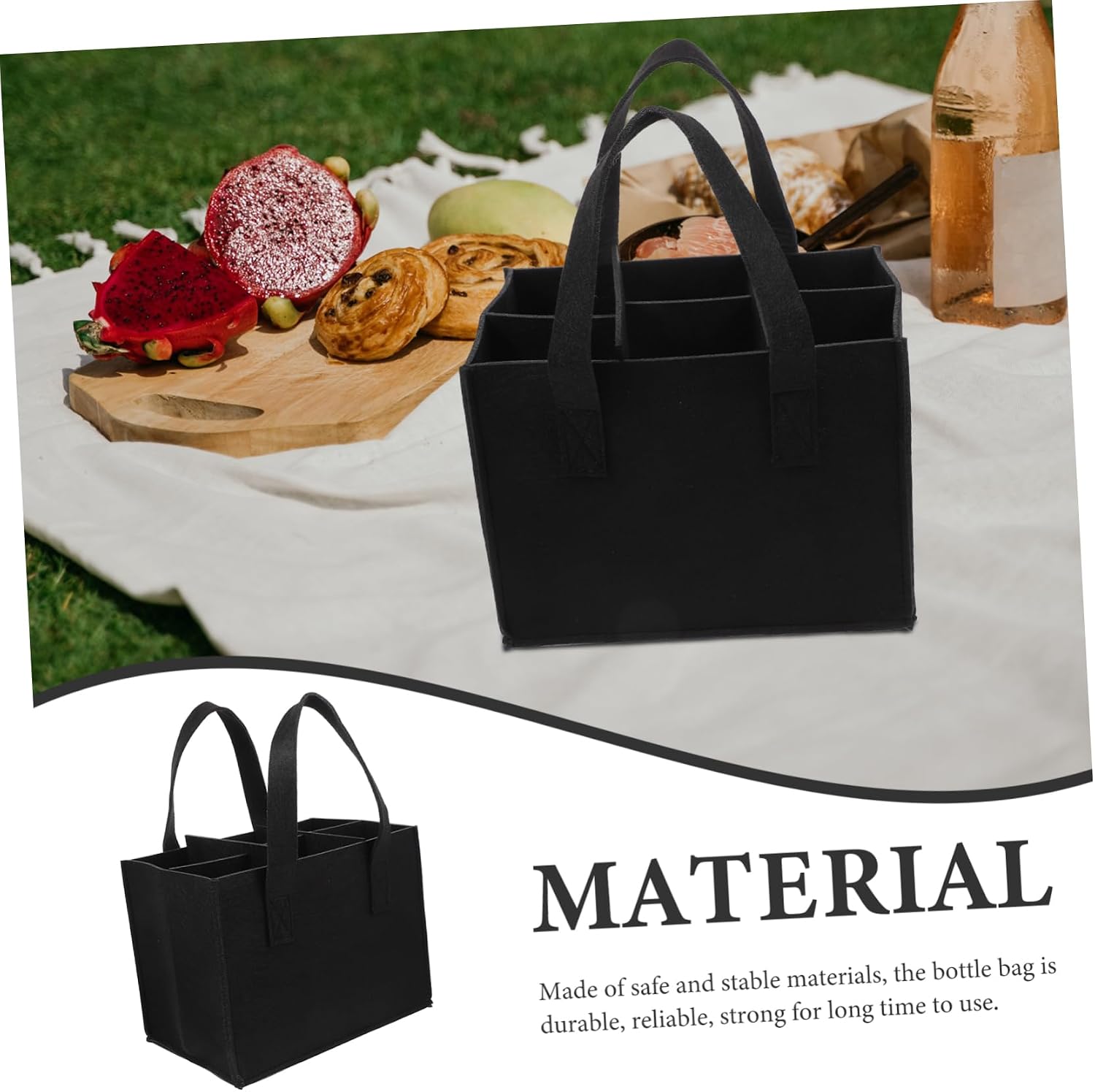 Black Felt Wine Bottle Carrier Tote Set, 2Pcs with 6 Compartments