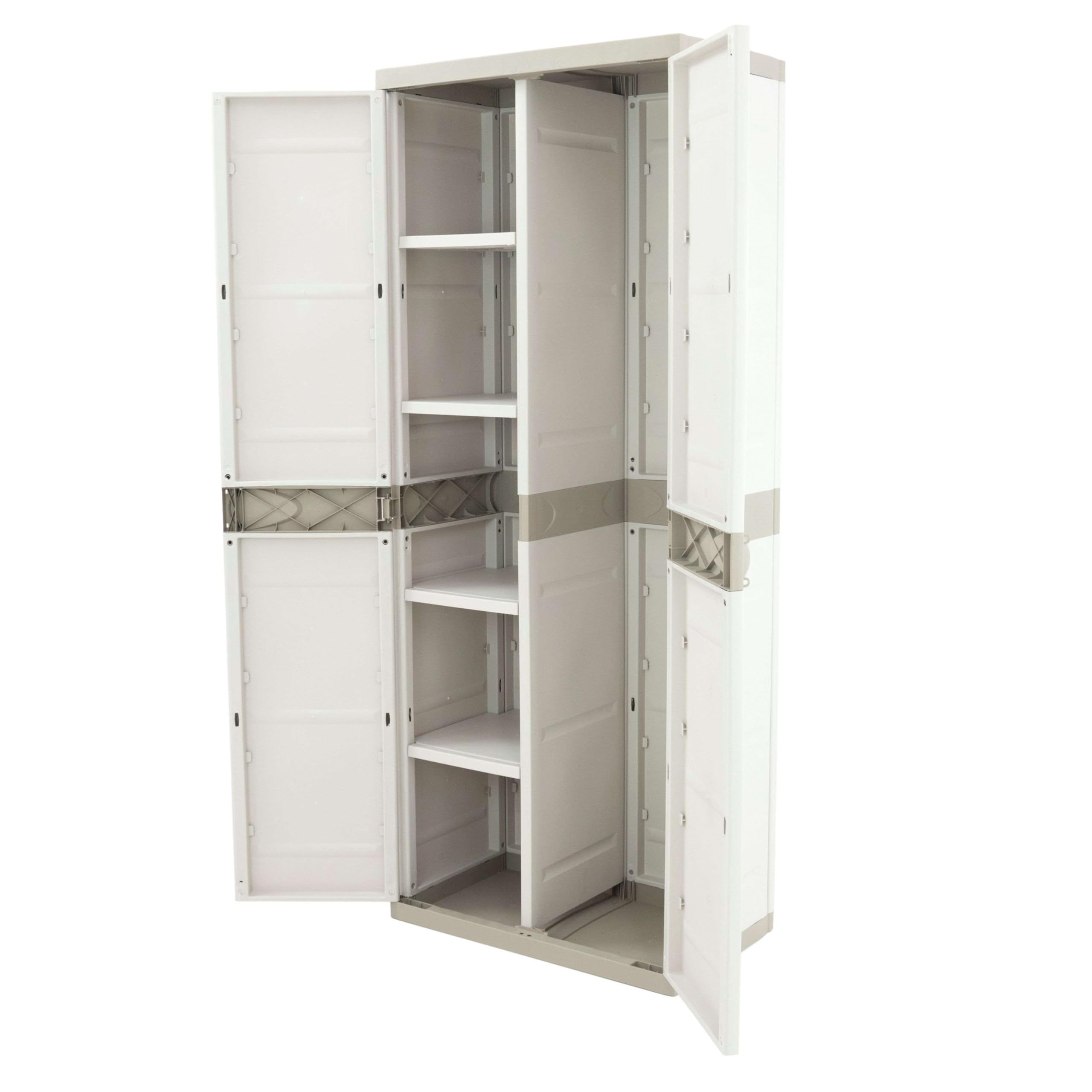 Miroytengo Armario Escobero de Jardín Titanium, Armario Resina 2 Puertas 4 Estantes Regulables Beige 70x176x41 cm