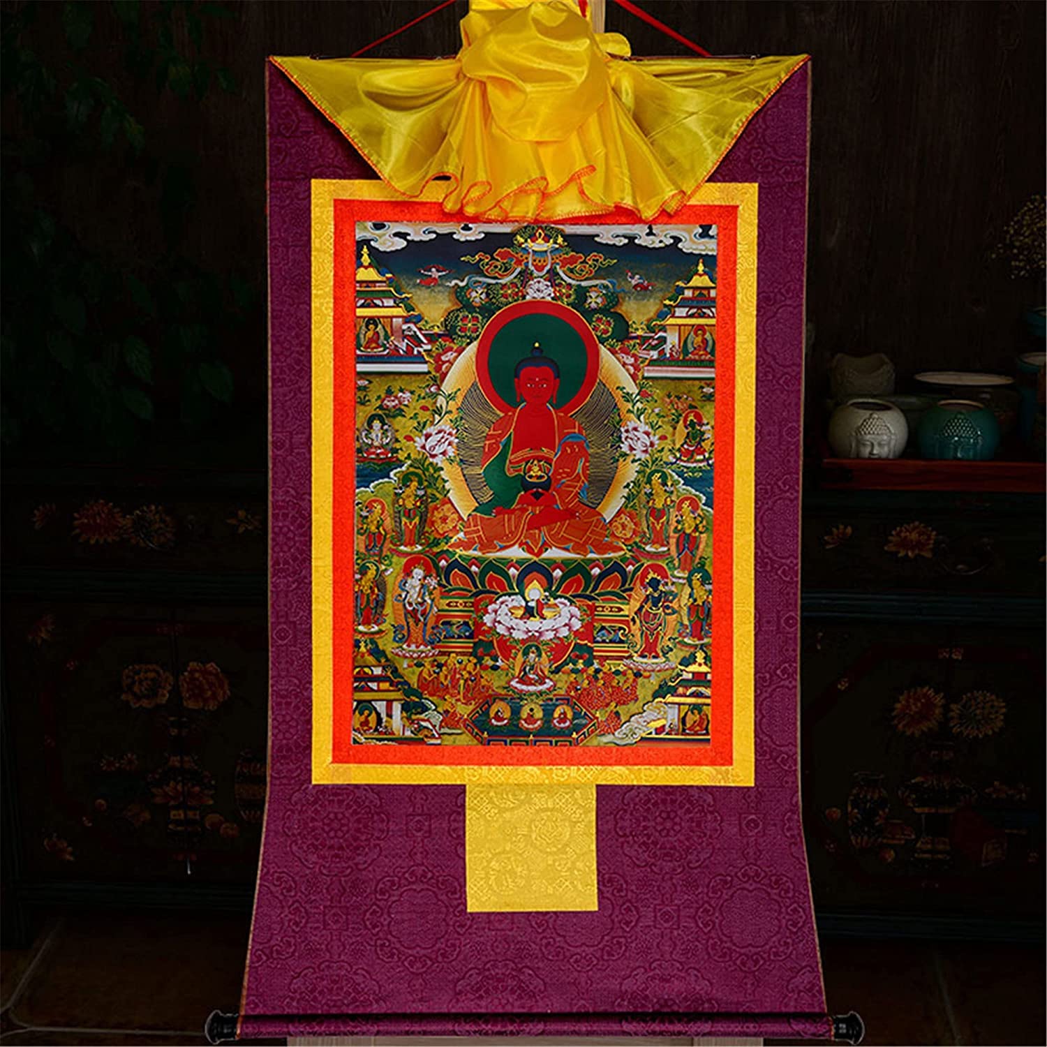 Tibetische Tangka, Rollen von Tangka, Amidabha im Reinen Land, Elysium des Buddhismus, Sukhavati, tibetische Thangka-Malkunst, buddhistischer Thangka-Brokat (Farbe: Blau, Größe: Klein (35 (Farb ( Colo