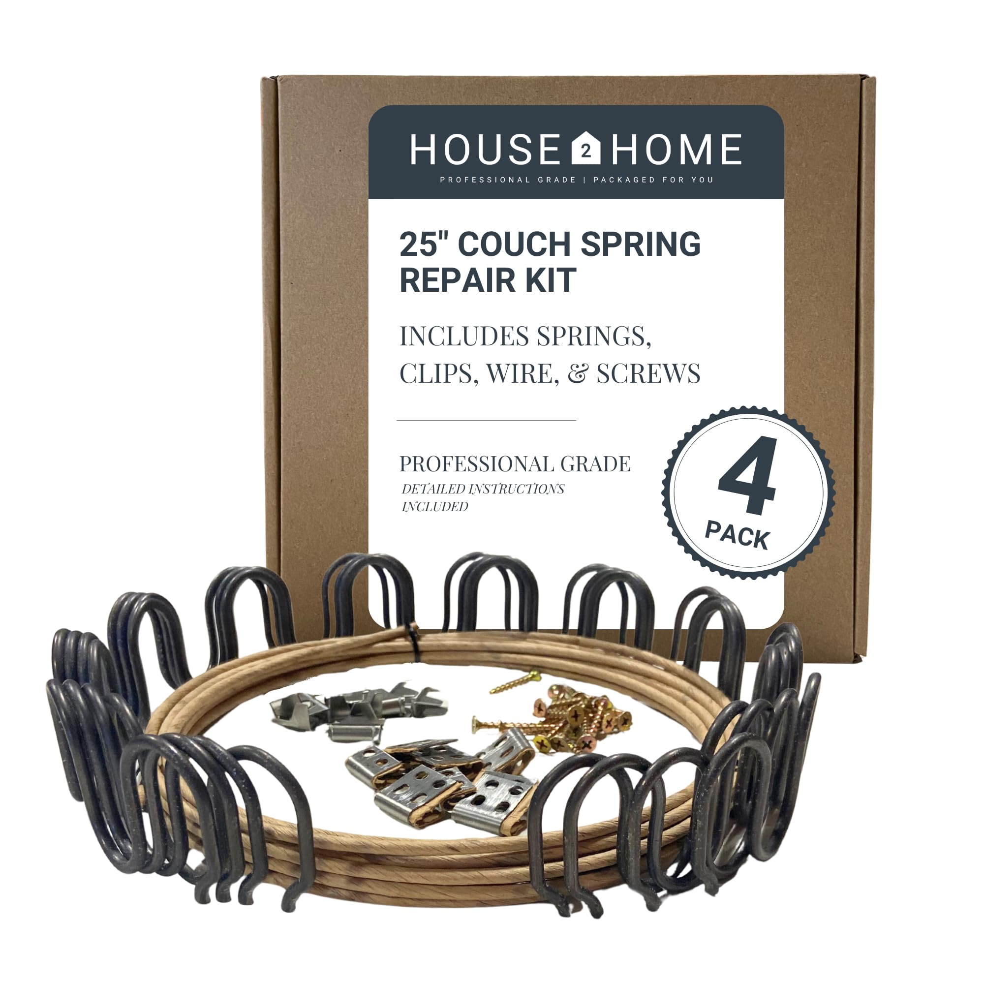 House2Home 25" Couch Spring Repair Kit - Fix Sagging Cushions - Includes 4pk Springs, Clips, Wire, Screws & Instructions