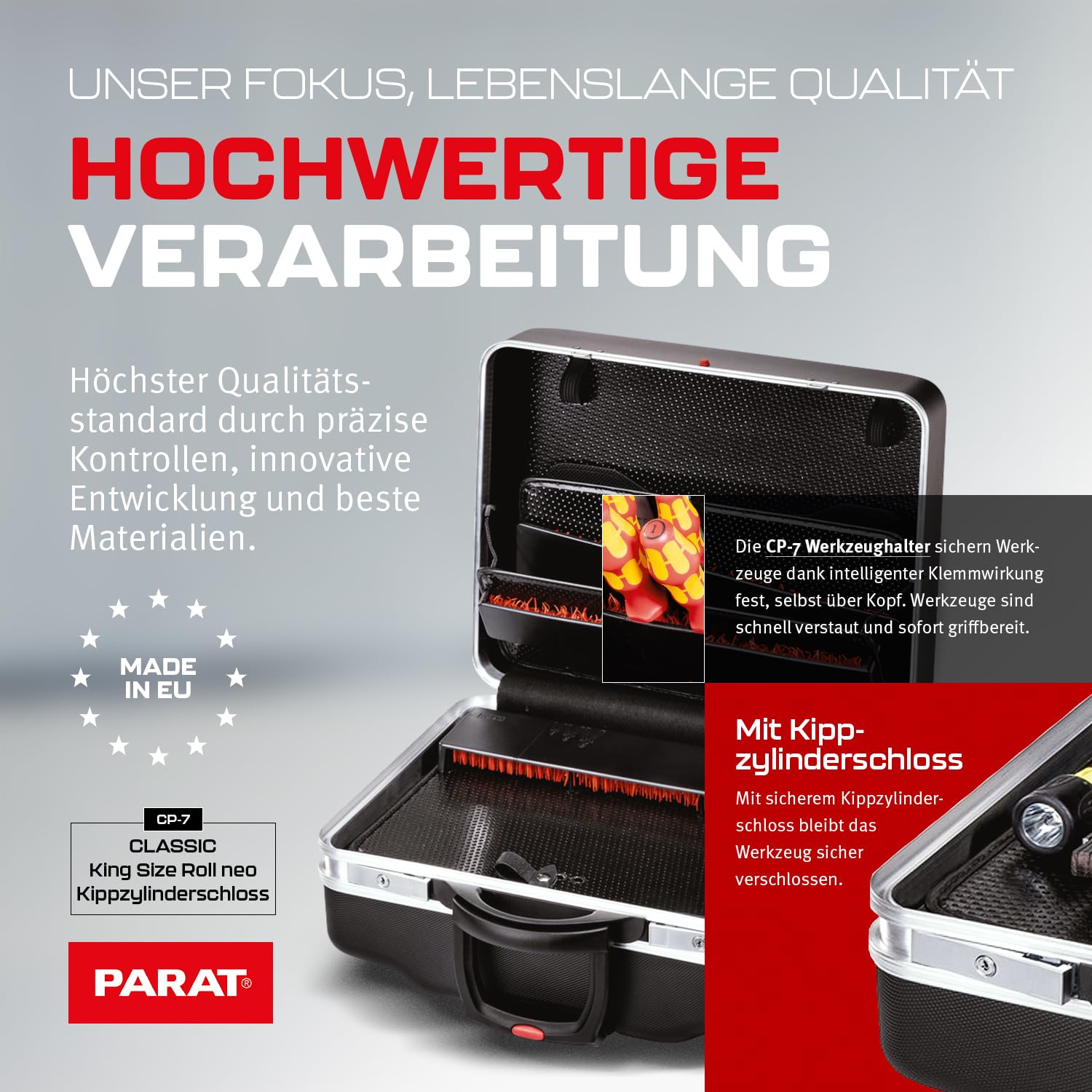 PARAT CLASSIC KingSize Roll neo CP-7 | Werkzeugkoffer leer für 60 Werkzeuge | Inkl. BASIC Roll-Up Case 8 | Rollkoffer mit CP-7 Halterungen | Bodenschale & Dokumentenfach | mit Teleskopauszug & Rollen