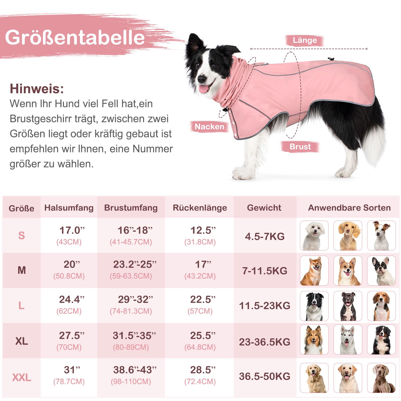 Hunderegenmantel - Wasserdichter Regenjacke für Hunde, Einstellbare Regenmantel für Mittlere, Große und Extra Große Hunde, Polyester, Rosa, M