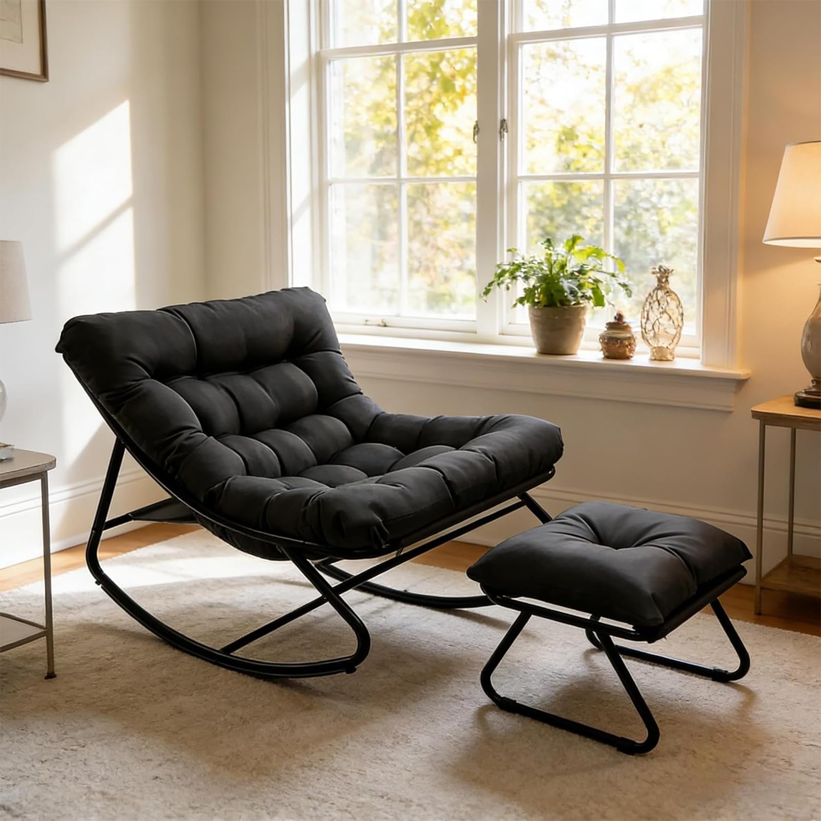 Schaukelstuhl mit Hocker, Schaukelsessel, Schaukelstuhl Wohnzimmer, Relaxstuhl Lesesessel mit Gepolsterter, Outdoor Lounge Sessel, bis 150 kg, für Balkon, Garten (Grau, 100T x 77B x 70H cm)