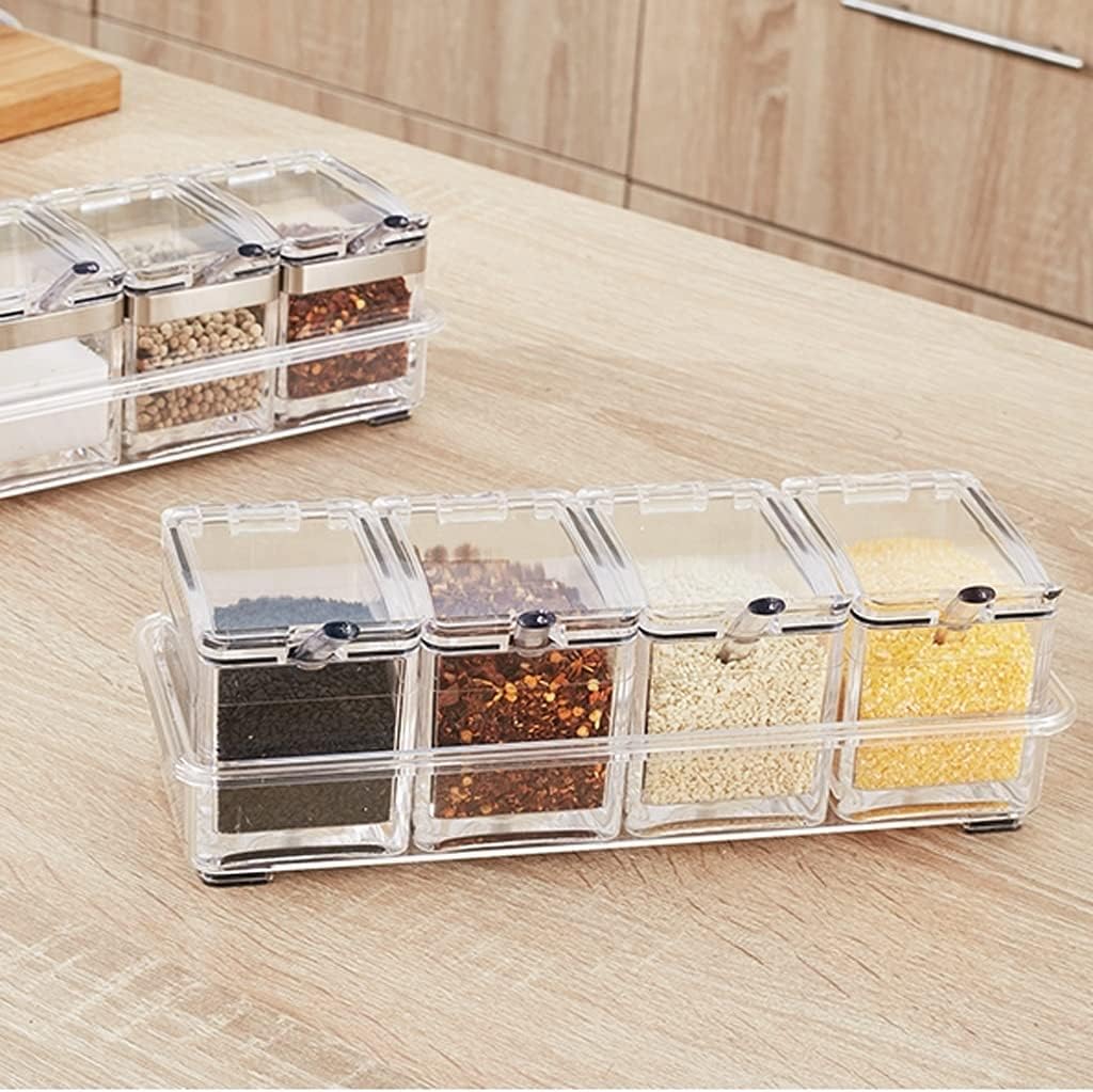 Seasoning Bottle Set Clear Seasoning Box, 4 Pieces Clear Seasoning Storage Container for Spice Salt Sugar Cruet,Condiment Jars with Spoons Spice Bottle Set(A)
