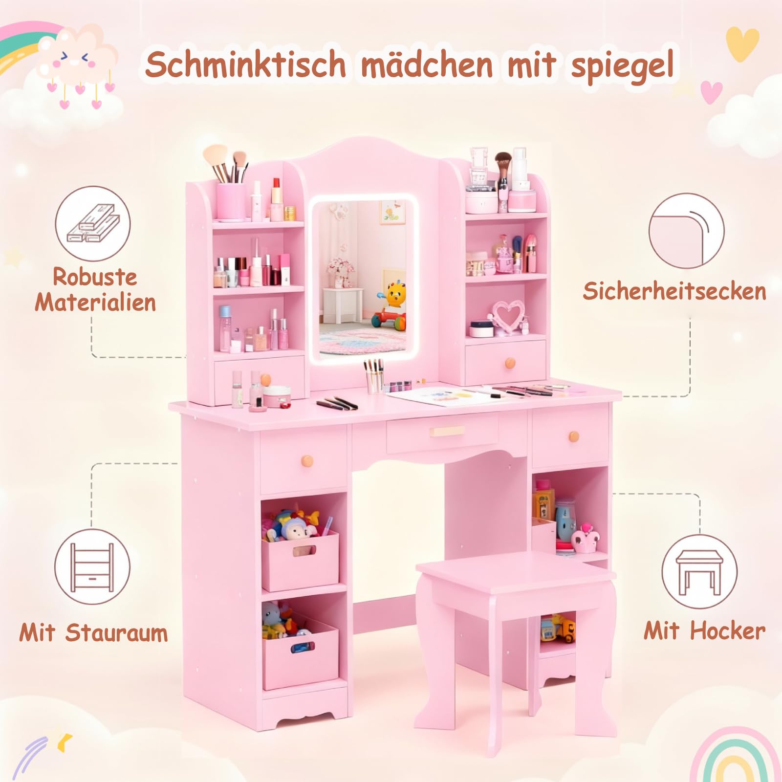 MAMIZO Coiffeuse pour Enfants avec Miroir LED, Coiffeuse pour Fille avec Tabouret, Table de Maquillage Fille avec 5 Tiroirs et 10 Compartiments de Rangement, 95x34x118cm, Bureau pour Enfant (Rose)