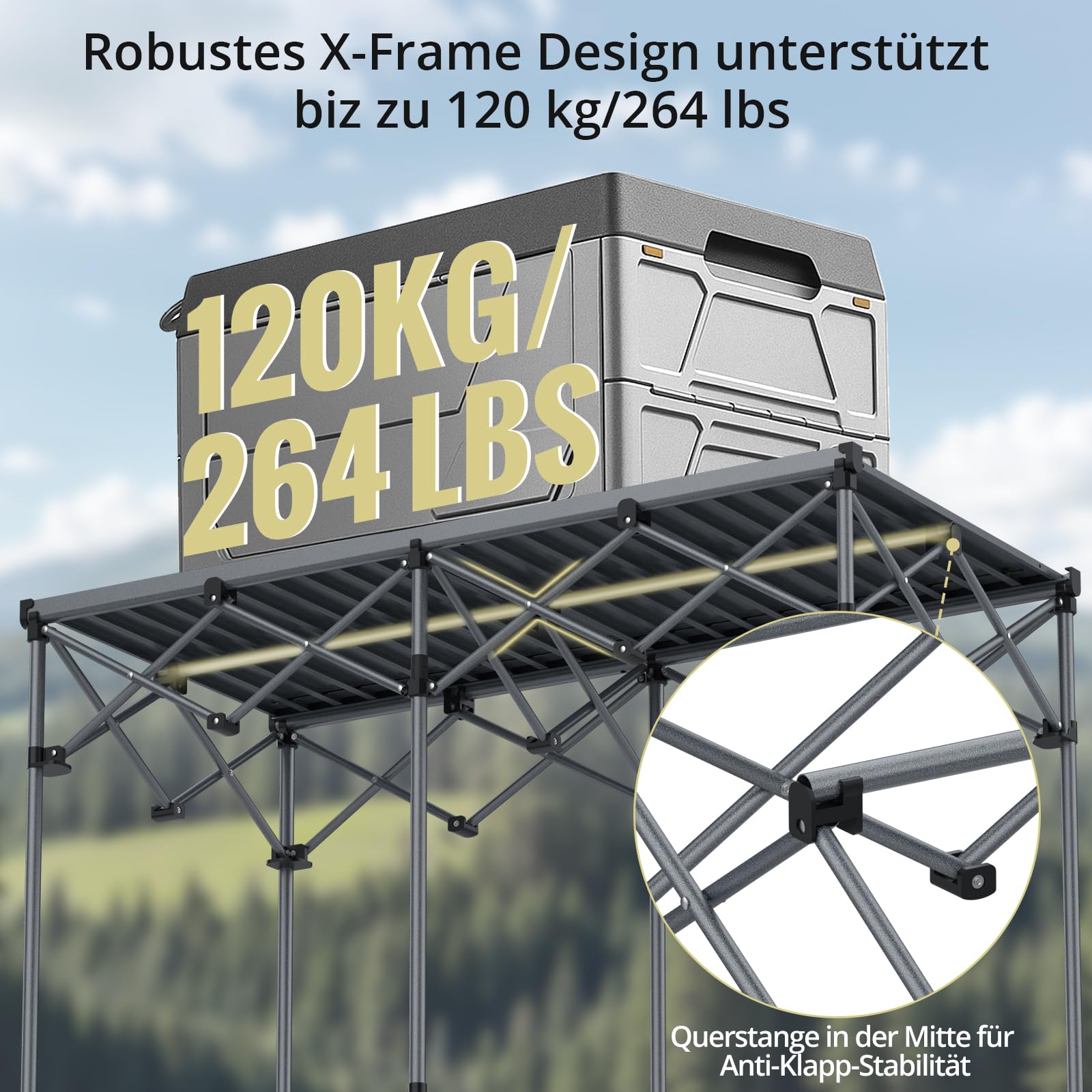 Anbte Campingtisch Klappbar bis 120kg Übergröße 122x60x74cm(LxBxH) Alu Rolltisch für 6 bis 8 Personen X-Frame Design Klapptisch mit Tragetasche für Outdoor Balkon Garten Strand Picknick (Schwarz)