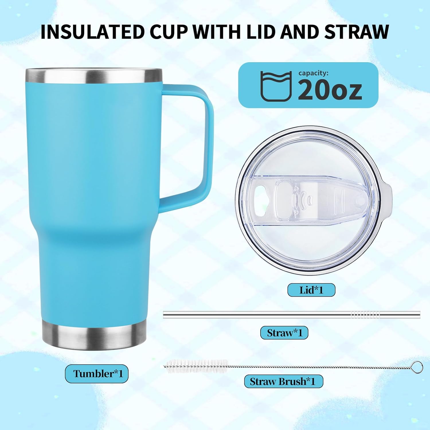 20oz Insulated Tumbler with Handle Stainless Steel Travel Coffee Mug with Lid and Straw Double Wall Vacuum Leak-proof Reusable Thermal Water Cup for Hot and Cold Drinks (Sky blue,1 Pack) - Image 6