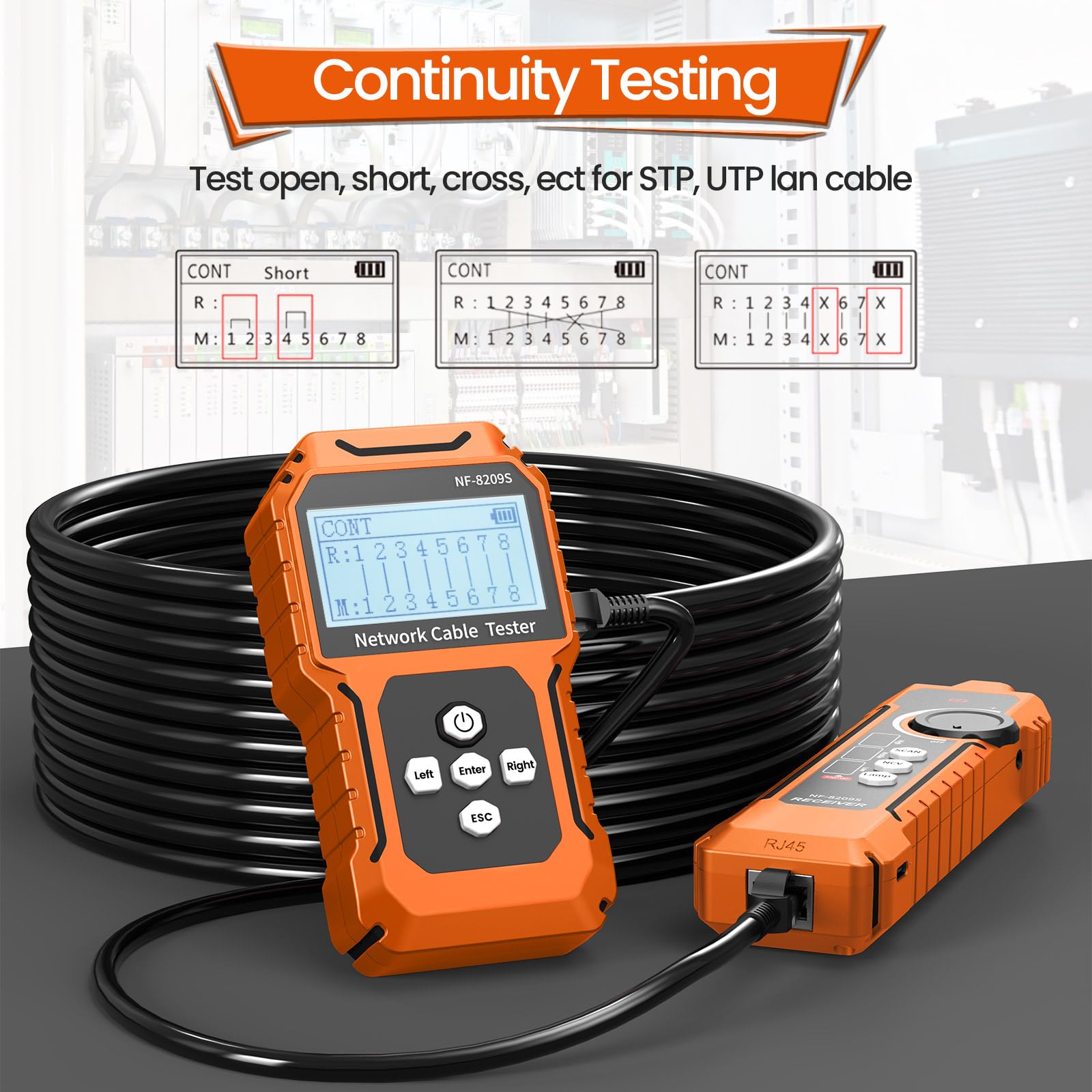 NF-8209S Netzwerkkabeltester mit PoE, Kabellängenmessung, Port-Blinkfunktion, RJ11/RJ45-Kabeltester, CAT5/CAT6-LAN-Netzwerktester, multifunktionale Anti-Interferenz-Scanmodi, Kabelverfolgung