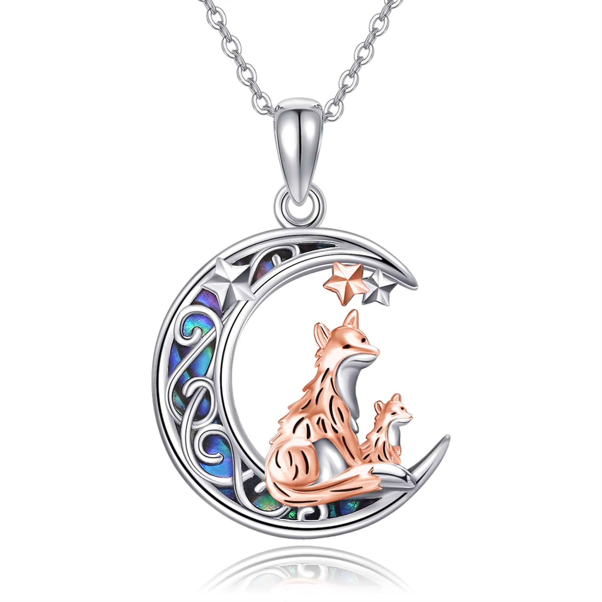 Fuchs/Katze Halskette Sterling Silber Fuchs auf Mond/Schwarze Katze Anhänger Tier Schmuck Geschenke für Frauen Mutter
