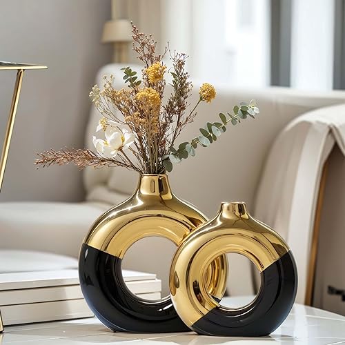Miniatura 4 de Jarrón negro y dorado, juego de 2 jarrones de cerámica, jarrones dorados para decoración del hogar, jarrón redondo negro para centros de mesa,