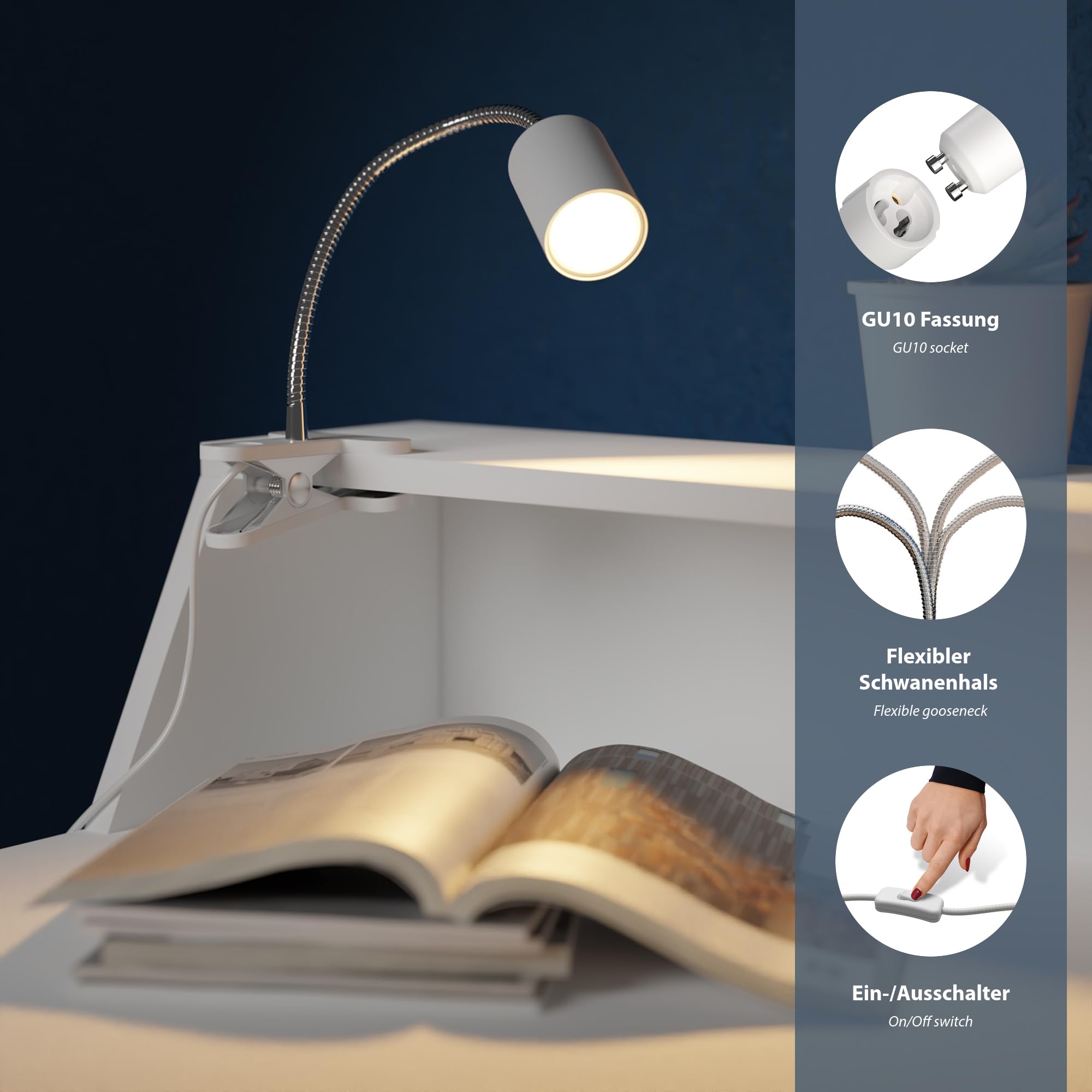 ledscom.de 2x Klemmleuchte WAIKA mit Schwanenhals und Schalter weiß matt, inkl. Smart Home RGBW GU10 LED Lampe, 5,41W, 473lm