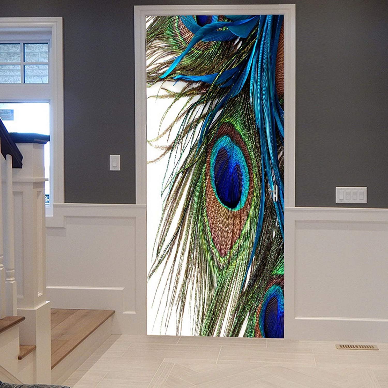 Vinyl Waterproof Self Adhesive Door Mural 95 X 215 Cm Blue Peacock Feather Door Sticker Waterproof Self Adhesive Wallpaper Stickers Living Room Kitchen Office Kindergarten Children's Room Gaming Room