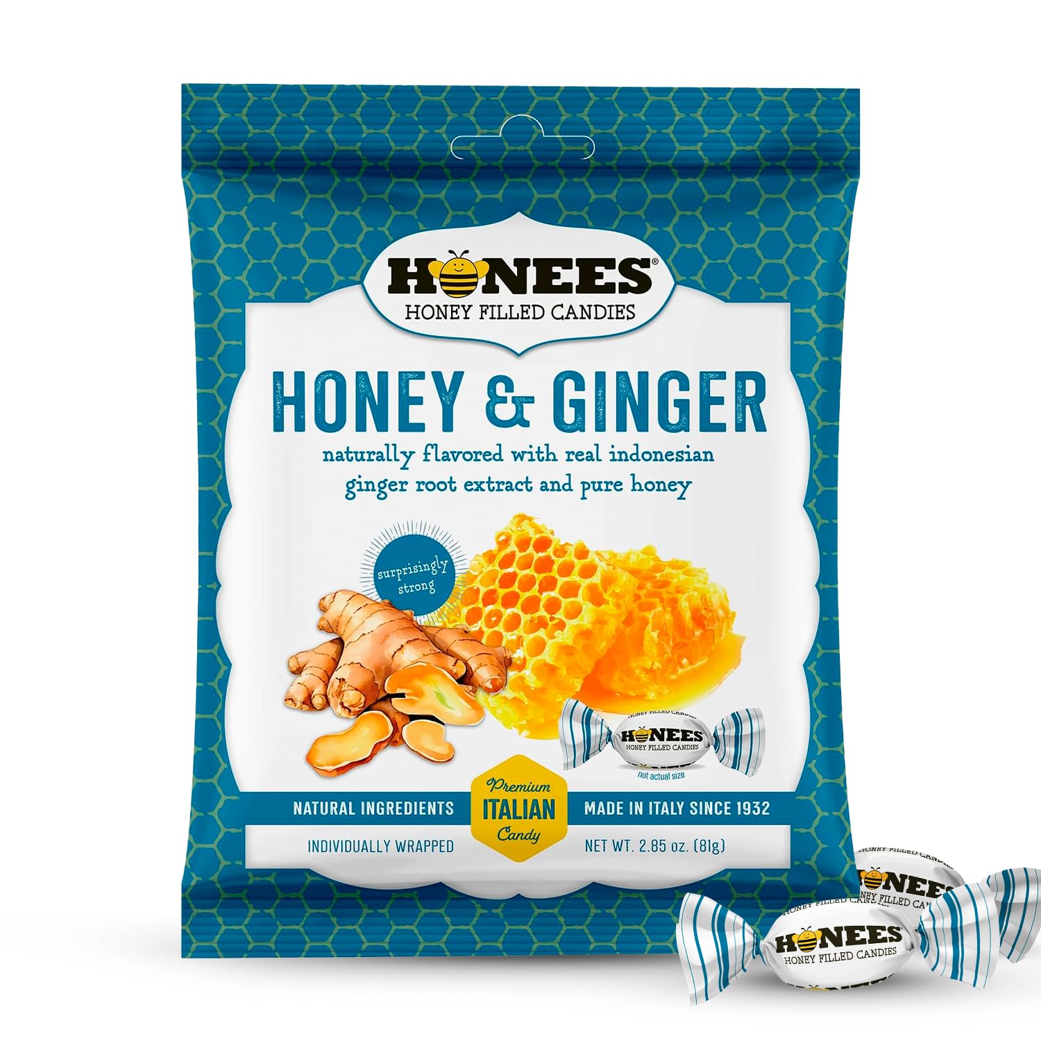 Honees Honey & Ginger Hard Candy Individually Wrapped | Natural & Healthy Candy, Italian Made with Real Honey & Indonesian Ginger, 1 Pack (2.85 oz)