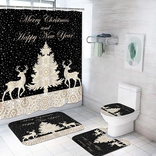 Bayson Juego de cortina de baño de Navidad azul con alfombras, juego de baño con alfombra antideslizante, cubierta para tapa de inodoro, tapete de