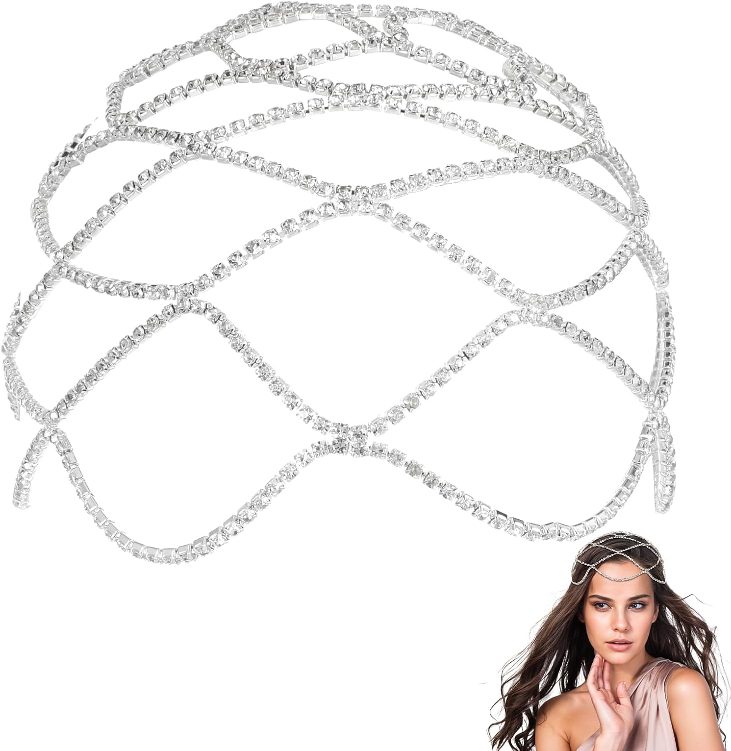 Rhinestone Mesh Headpiece Cap, Roaring 1920s Silver Crystal Chainmail Head Chain Vintage Flapper Headpiece Accessories for Women Girls (Silver)