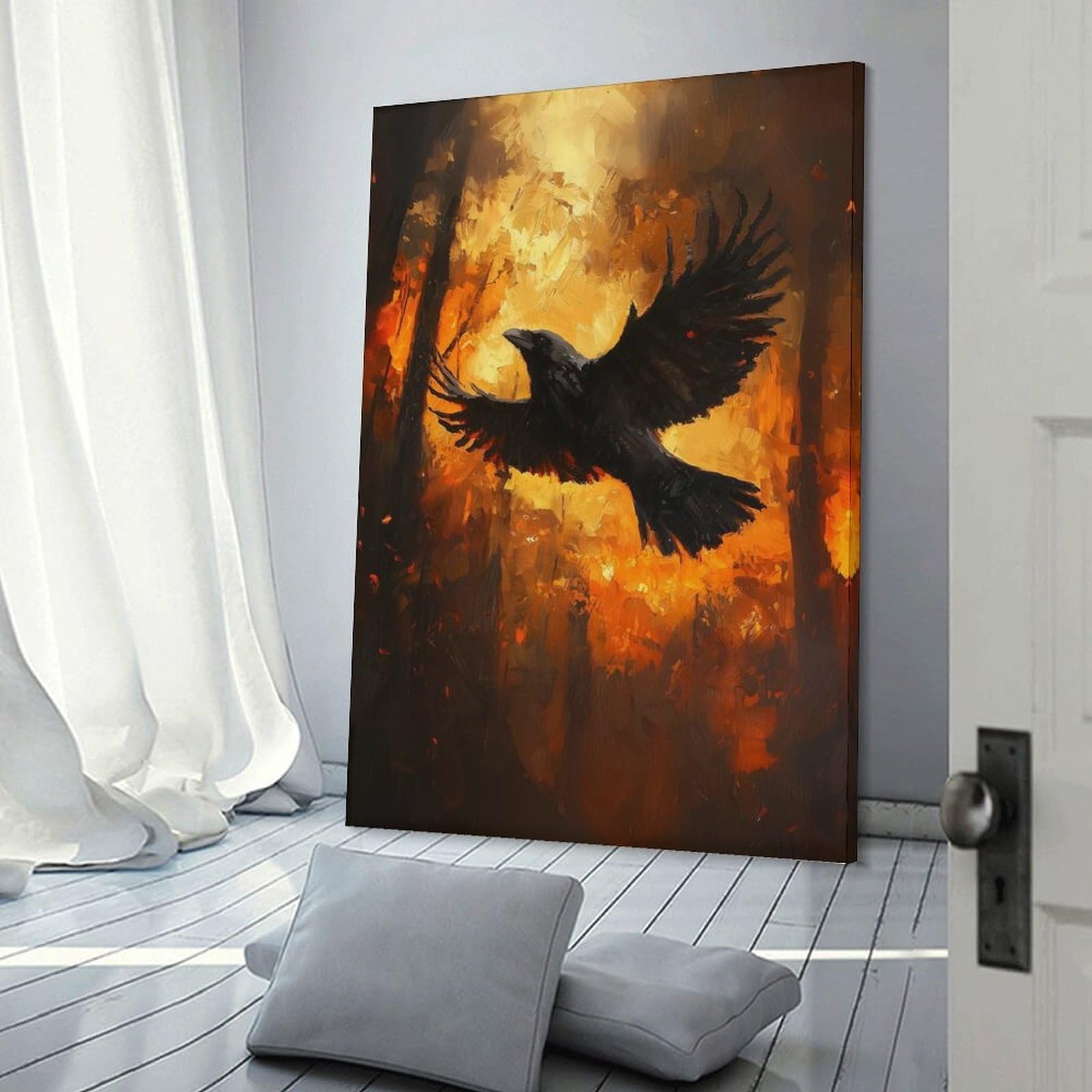 Junmoney Frame-Style-20 Canvas Art Print Raven In Fire Painting, 16X24inch(40X60cm), For Office, Study Or Home Workspace, Wall Art That Adds Style To Work Areas