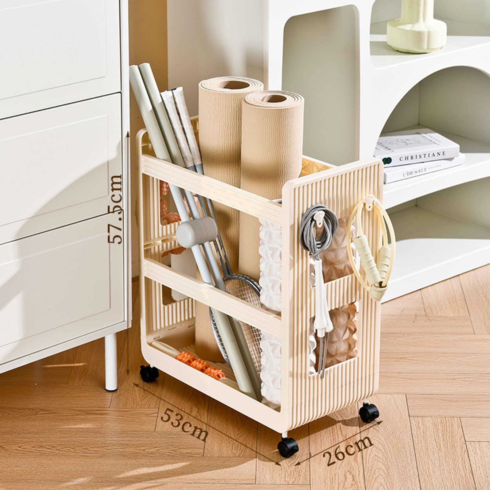 Cesta de almacenamiento for esterilla de yoga, organizador de equipos de gimnasio con rueda, estante de almacenamiento de gimnasio en casa con soporte de carga fuerte for pesas rusas, bloques de yoga,