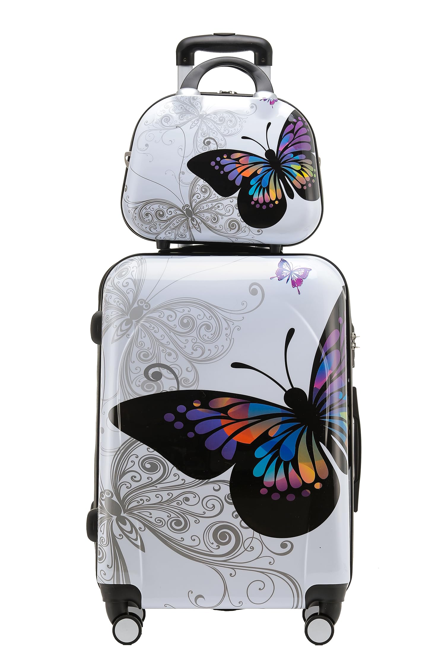 BEIBYE Kofferset 4-teilig Hartschalenkoffer mit Butterfly Design, Reisekoffer Set M L XL + Beautycase mit Schultergurt, ABS/Polycarbonat Trolley mit 360° Zwillingsrollen und Zahlenschloss