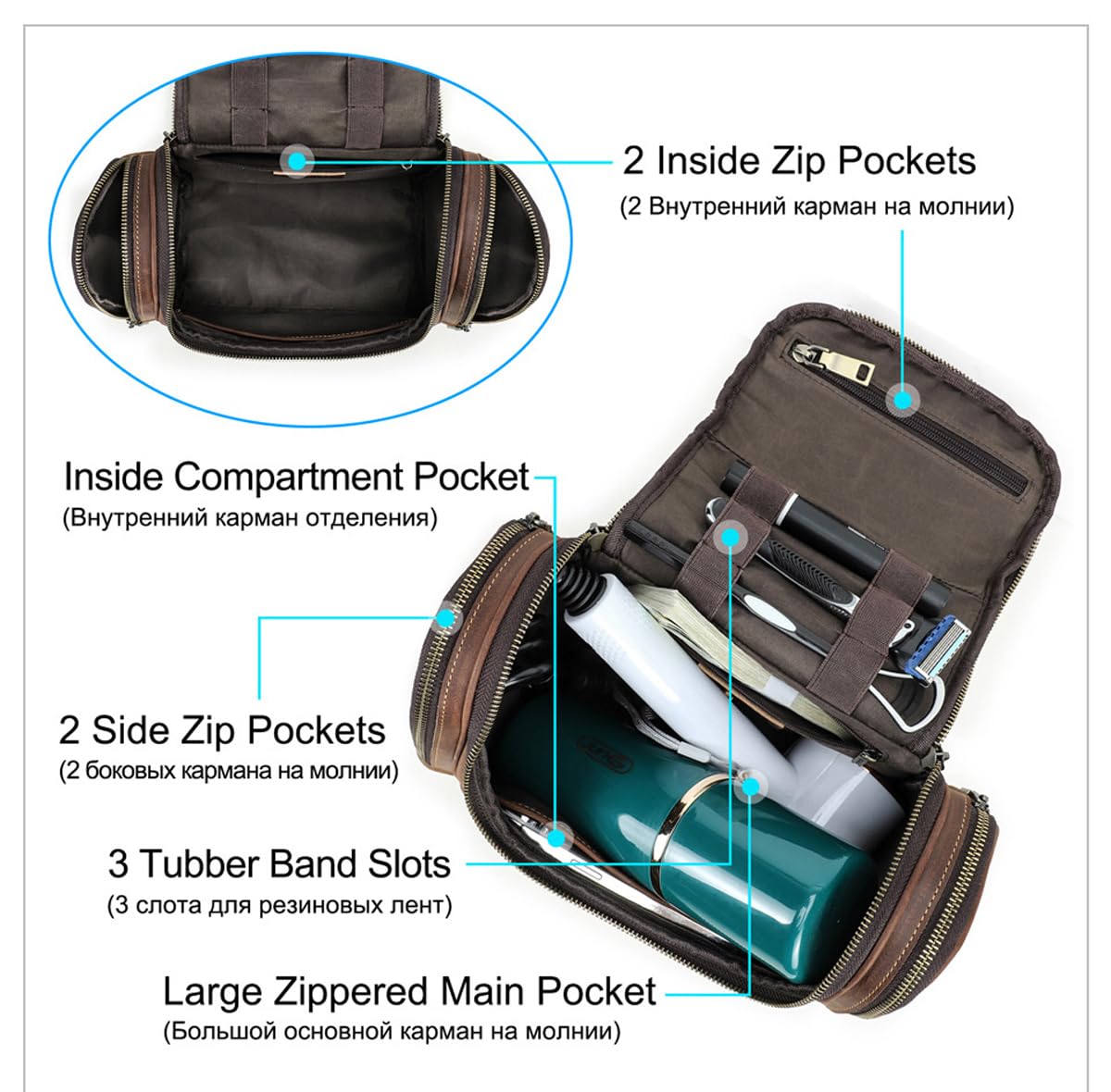 Genuine Leather Toiletry Bag For Men And Women, Mens Toiletry Bag With Handle, Travel Dopp Kit Shaving Organizer, Water-resistant Bathroom Extra Large Shaving Kit Bag Travel For Makeup Case Cosmetics