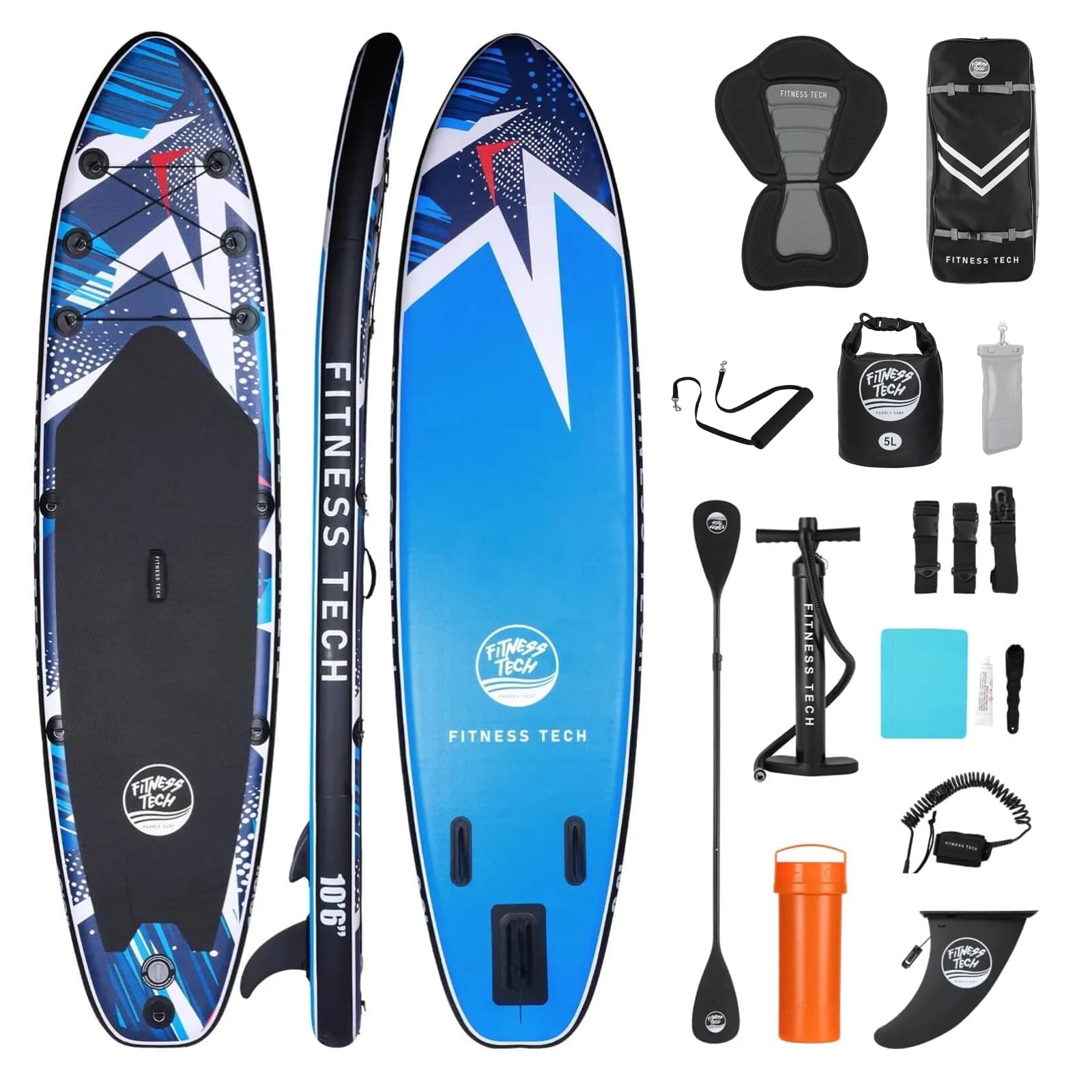 Fitness Tech Tabla de Paddle Surf Hinchable Ibiza Sup Hinchable Deporte Acuático con Accesorios y Kit de Reparación para Principiantes y Profesionales 10.6" 320X81X15CM <160kg