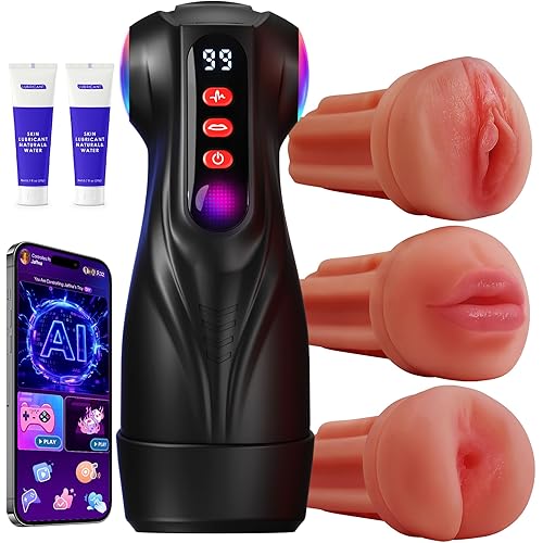 Mens Sex Toy Adult Toys - 3 Sleeves Sets AI Sync APP Male Masturbator Sex Toys for Men with 9 Sucking & 9 Vibrating, Pocket Pussy Penis Pump, Colorful Lighting Stroker Machine Sets Sex Kits