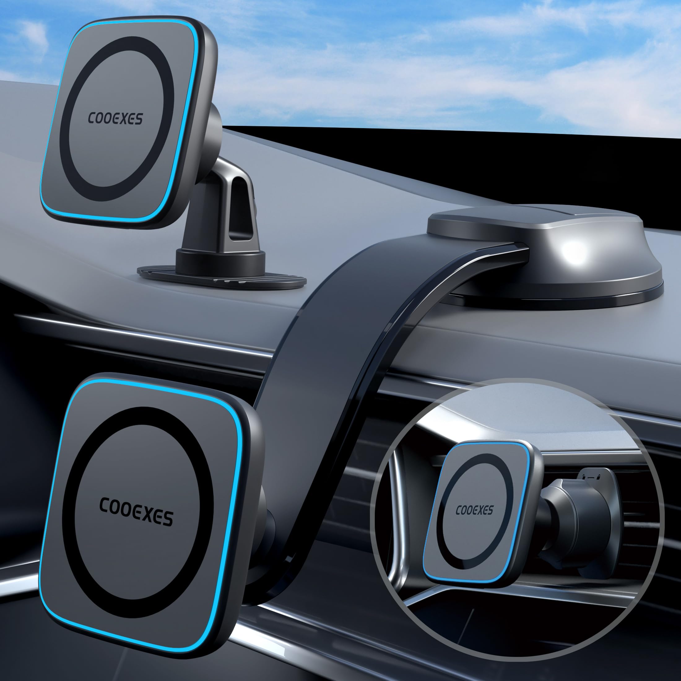 COOEXES for Magsafe Car Mount Charger,15W Magnetic Wireless Fast Car Charger, Car Phone Holder Mount for iPhone 15 Pro Plus Max/14/13/12, Bendable Memory Metal for All Dashboard,Windshield,Vent