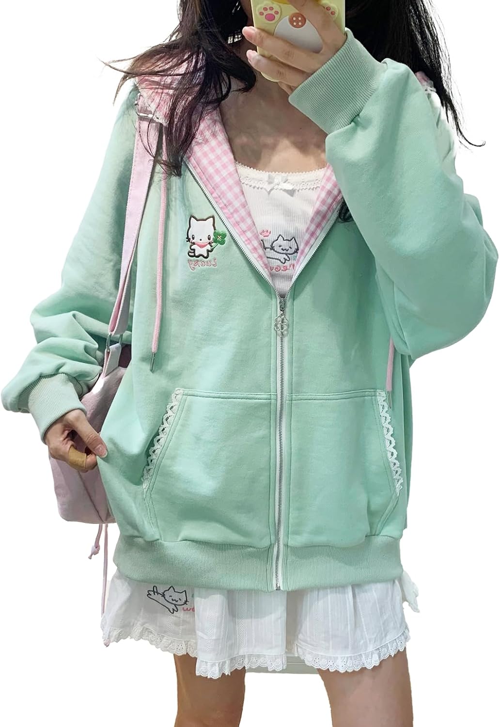 OATSBAS Women's Y2K Cute Floral Hoodies Kawaii Zip Up Hoodies Cartoon Cat Embroidery Oversized Pullover Sweatshirt