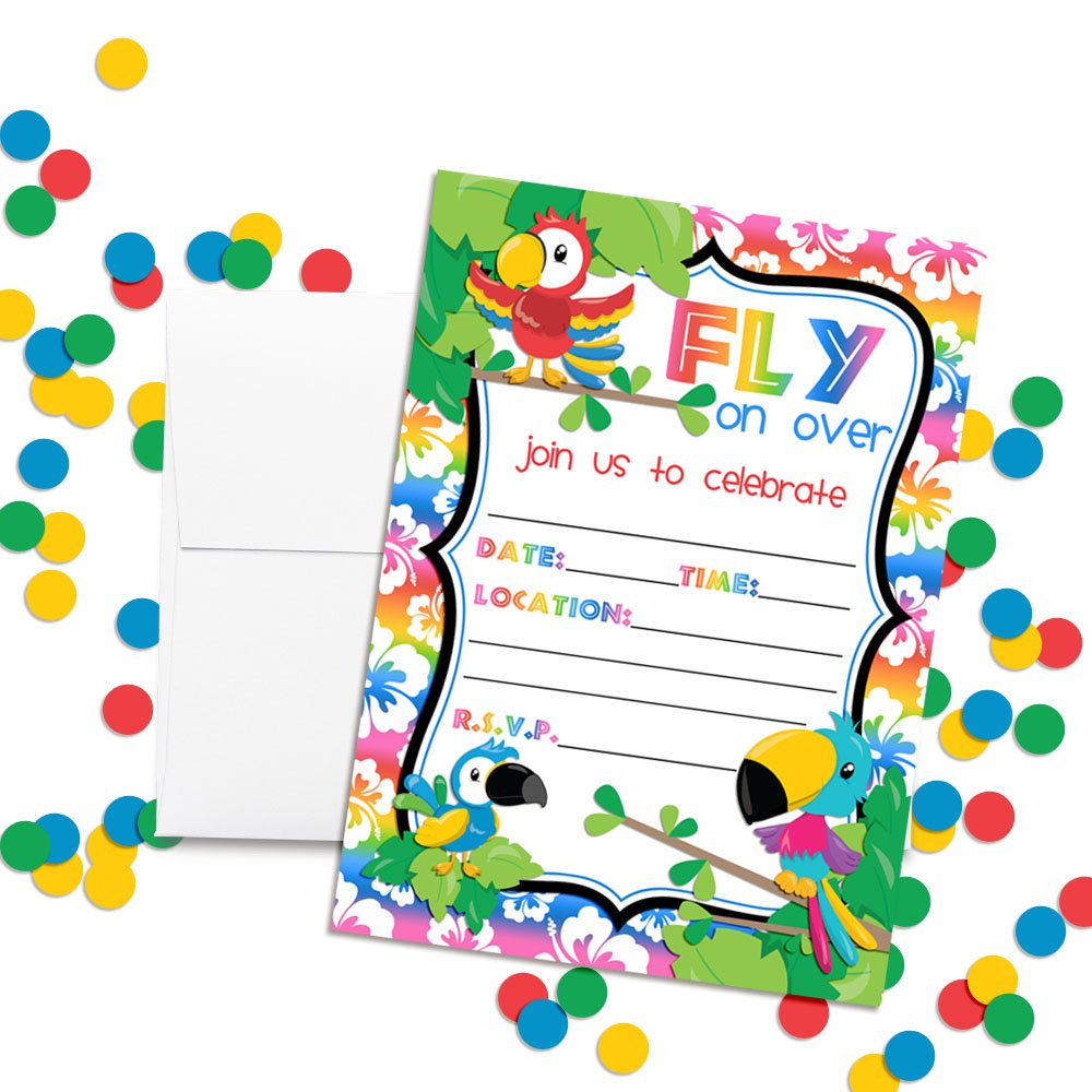 Amanda Creation Tropical Bird Birthday Party Fill in Invitations set of 20 with envelopes