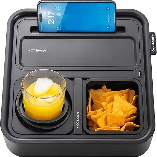 CouchConsole Bandeja original  Almacenamiento y organizador para sofá de bebidas y aperitivos con reposabrazos, mesa con soporte para teléfono,