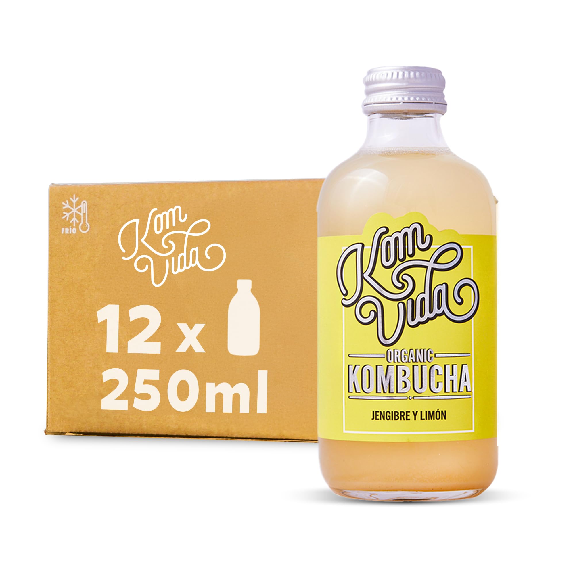 Komvida Kombucha Pack 12x250ml - Bebida Ecológica de Té fermentado, Probióticos Naturales, Sin Azúcares Añadidos - Sabor Jengibre y Limón
