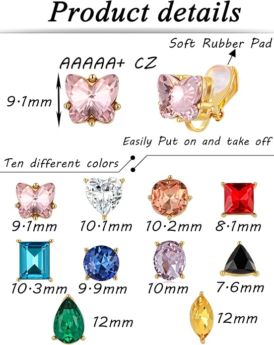 10 pares de aretes clip on multicolor con CZ brillo miniatura 2