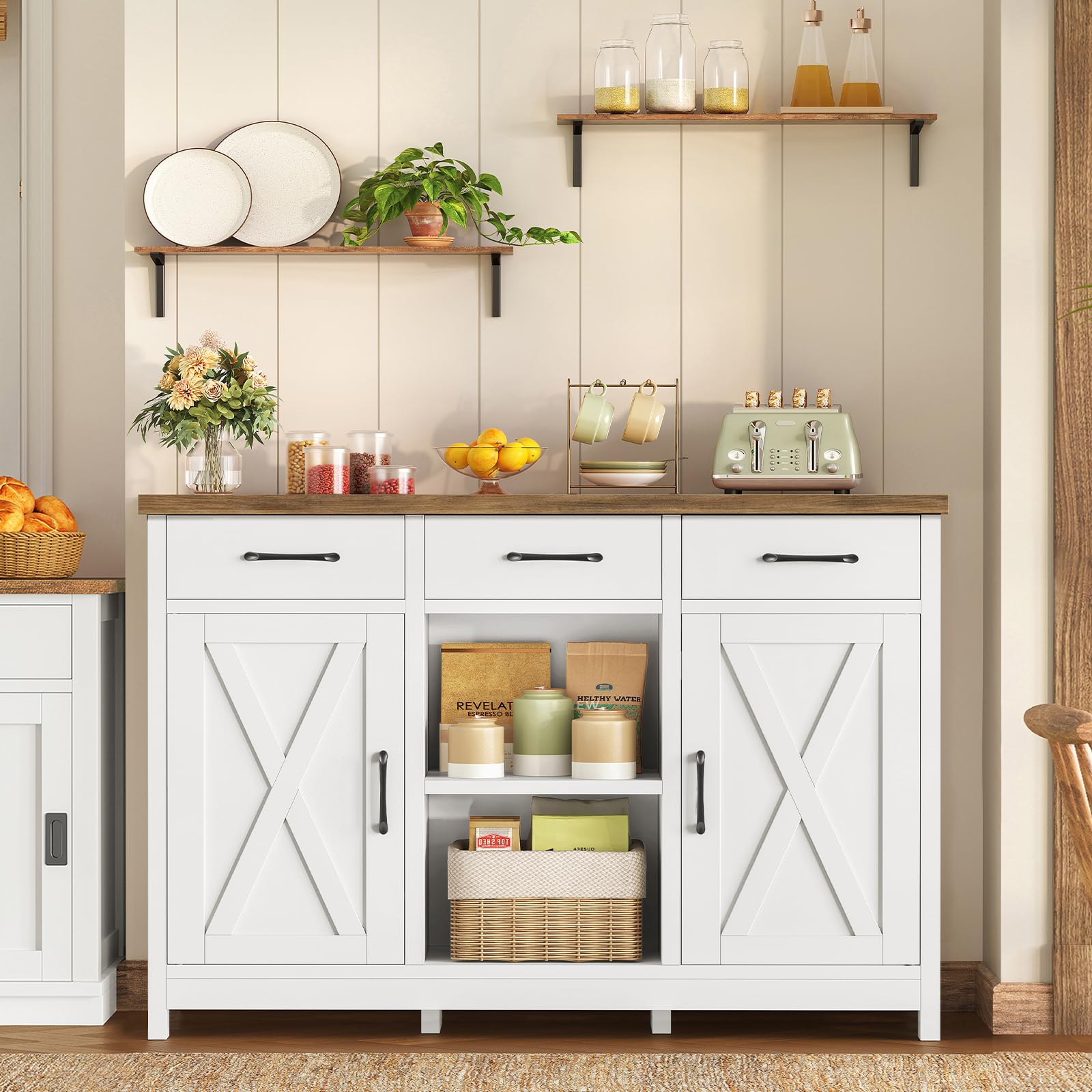 TEENFON Sideboard mit 2 Schränken, Sideboard Küchenschrank mit Arbeitsplatte, Buffetschrank mit 3 Schubladen & Verstellbaren Regalen, Küchenzeile für Küche, Wohnzimmer & Flur - 90 x 30 x 80 cm - Weiß